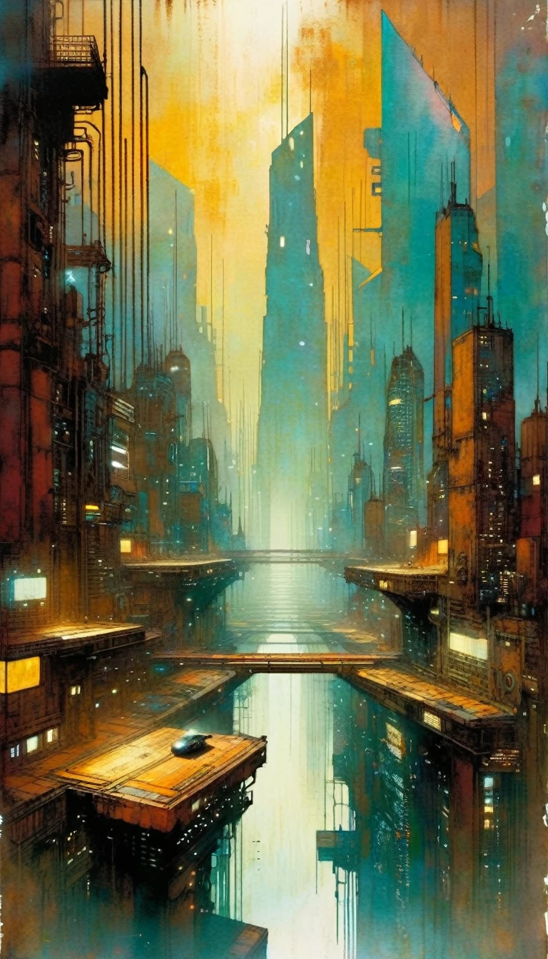 futuristic city,rusty metal , art inspired by Bill Sienkiewicz and dave mckean