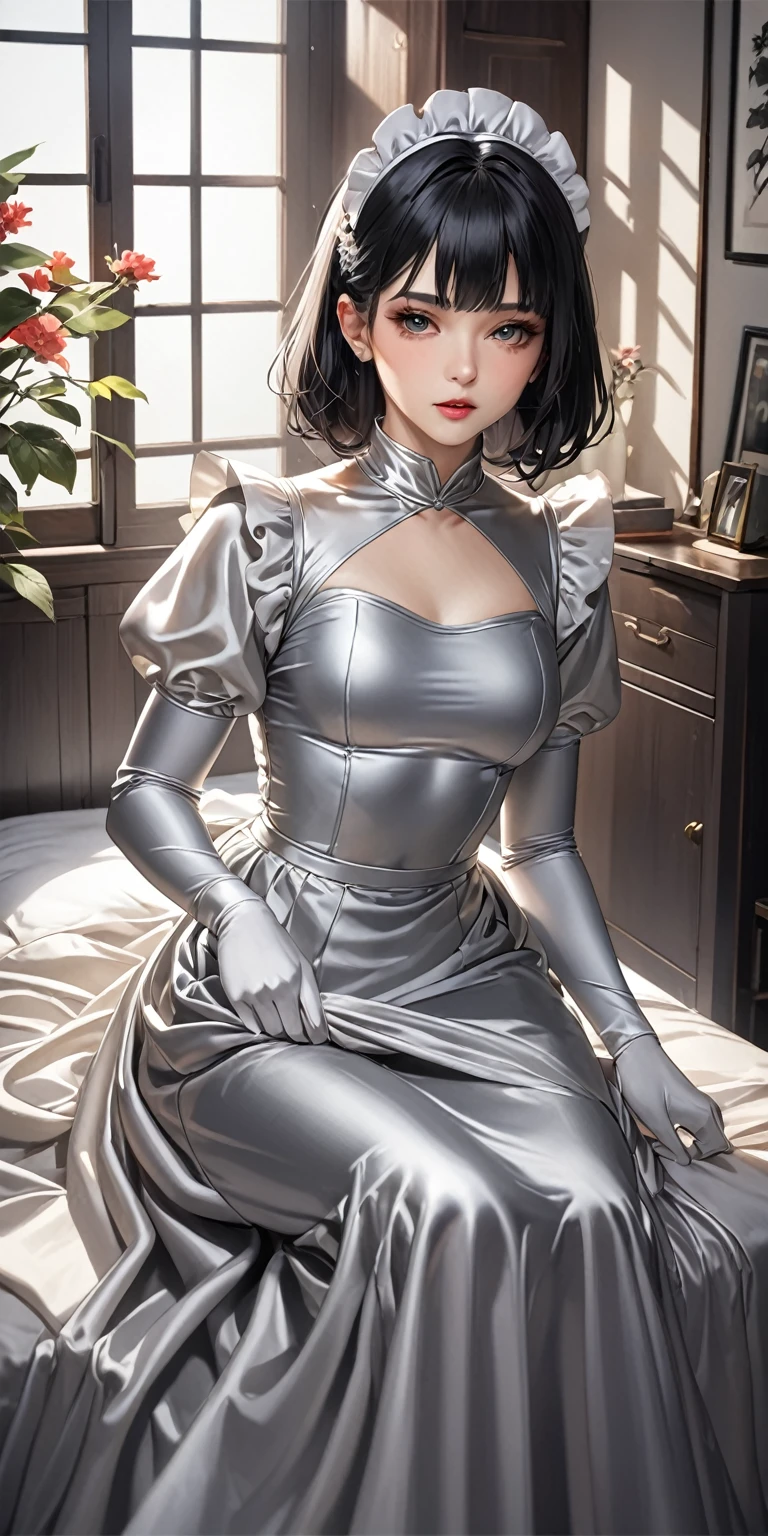 Portraiture、(masterpiece,Highest quality,Ultra-high resolution),Japanese women, Black bob hair、(((Very beautiful 25 year old girl)))、(She is wearing a shiny light silver satin long sleeve maid outfit..)、The dress has a simple design without any patterns...、(((A long skirt made of pale silver satin.)))、Pale silver satin gloves、((Pale silver satin bodysuit))、Dark Room