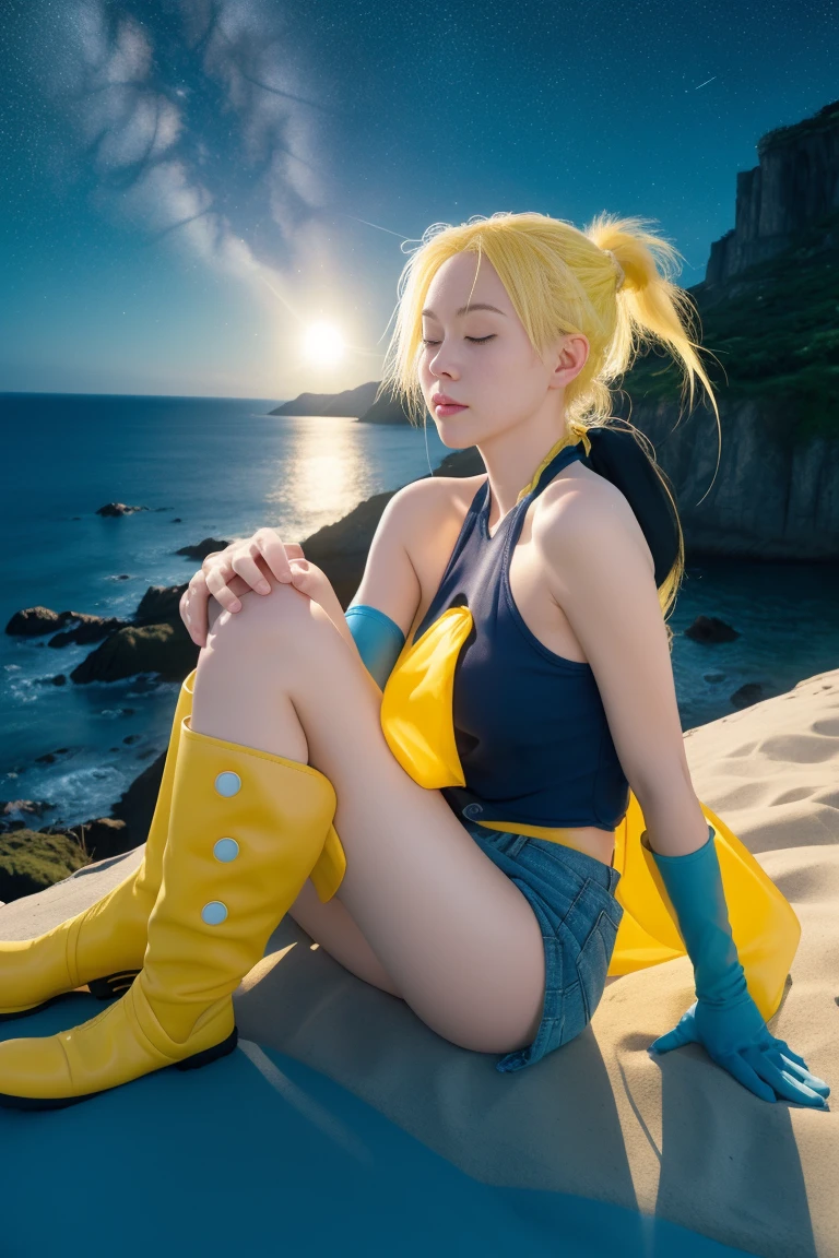 ,kawaii,kawaii,yellow hair,braided ponytail,bare_shoulders,knee_boots,goggles,medium breasts,sad,sleeping,sun,over the sea,beautiful detailed starry sky,,