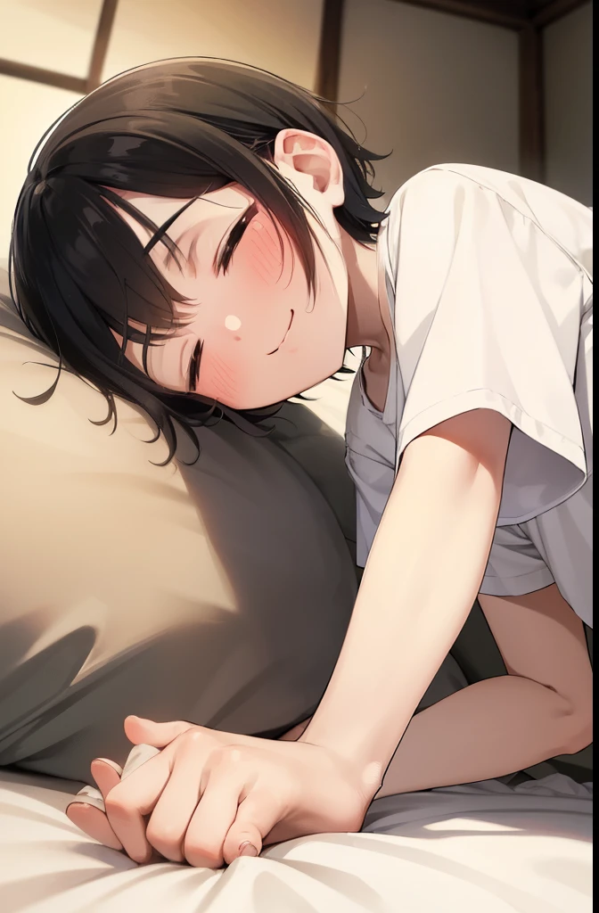 Old house in Japan,Bed,dark,smile,close your eyes,1. small  ,short hair,Black Hair,blush,White T-shirt,Olive green shorts,barefoot,White skin,From below,night中,night,Push your audience down,lie down,Prone,