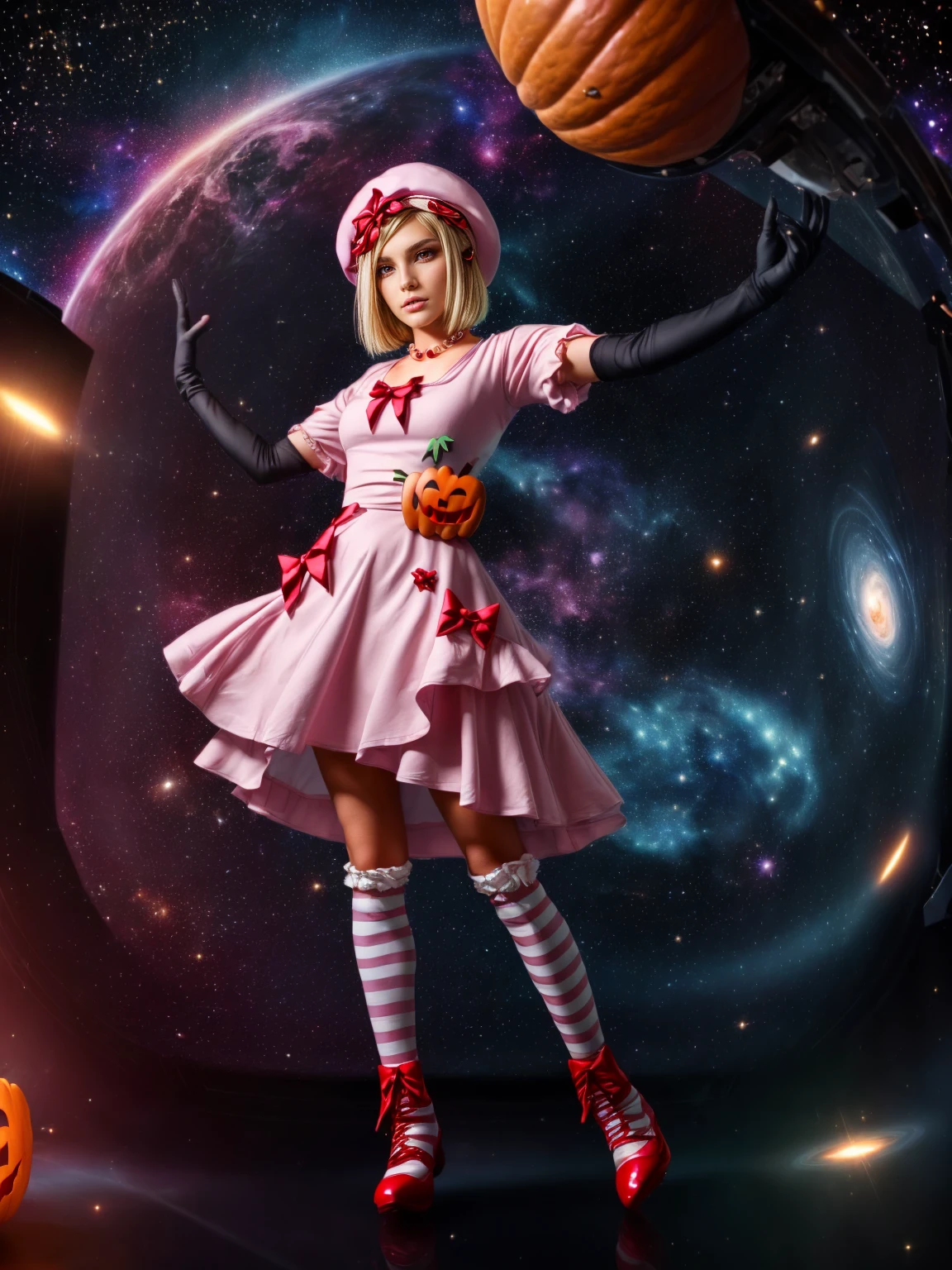 (1 lady), The beautiful, (Best quality at best:1.4), (ultra - detailed), (extremely detailed CG unified 16k), gold blonde hair, very detailed, High-definition RAW color photo, professional photoshooting, amazing face and eyes, cosmetics, (amazingly beautiful girl), ((lambdadelta, taller, tall woman)), ((dress, shoes bow, red shoes, striped stockings, red bow, pink hat, necklace, gloves, pearl, pumpkin brooch, pink dress)), levitating in a cute posture (floating in the air), (She's levitating in a cosmic sea, outer space:1.3, quantum hyperspace room lacking walls, hyperspace chamber, extremely detailed background, a lot of details background, realistic outer space background with stars quasars and cosmic bodies, brighter background), (look from above), realistic cinematic face, head to feet long wide zoomed out view, full body long view, photorealistic, ((realistic natural blonde hair style, red eyes)), gorgeous, extremely beautiful face, perfect model beauty, pout mouth, Highly Detailed Face and Skin Texture, Detailed Eyes, Double Eyelids, Small Breasts, Persistent Stare, Faith Trance, (mystical stare, looking eternity), (masterpiece), best quality, high resolution, depth of field, cinematic lighting, amazing legs, pink combat boots, clear and well-cared skin