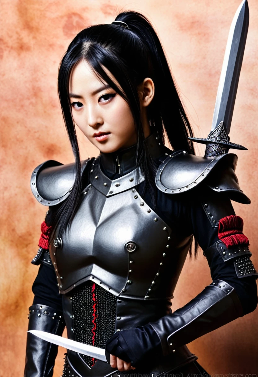 Itachi Ichiha, Itachi, in the style of realism, armor, knives, long black hair ponytail, in armor medieval, knives и кровь на полу, sharingan, photorealism