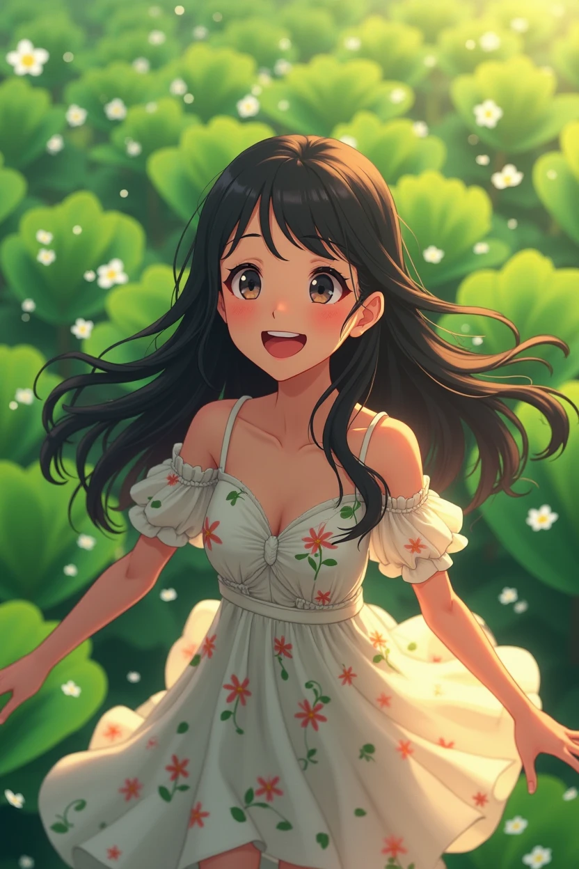 A 25-year-old girl，Black long hair，Wearing a white floral dress，Looking at the fields full of water spinach，Happy smile，Show your teeth，Anime style，Pixar style，Bird&#39;s eye view，