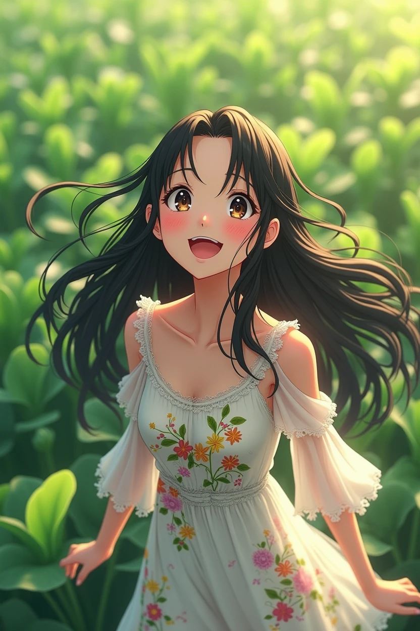 A 25-year-old girl，Black long hair，Wearing a white floral dress，Looking at the fields full of water spinach，Happy smile，Show your teeth，Anime style，Pixar style，Bird&#39;s eye view，