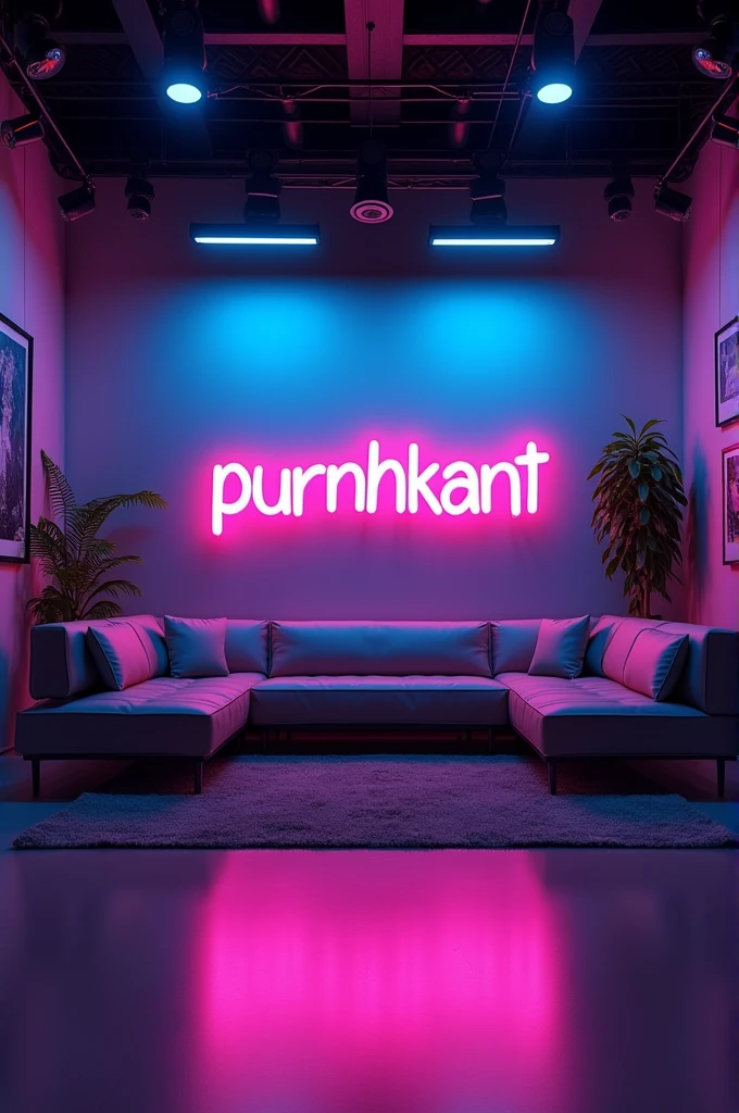 Create a YouTube studio background images with a modern and sleek design.In the center of the background display the name 'purnhkant' in bright neon lights with correct spelling.The neon lights should be in a vibrant color such as electric blue or neon pink.Surround the neon text with subtle complementary lighting and decor that enhances the studio aesthetic.The overall ambiance should be stylish professional and inviting perfect for a YouTube content creator's studio.