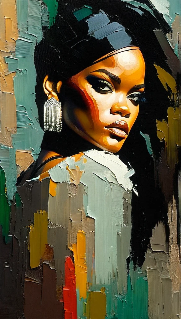 portrait Rihanna a thick textured oil painting, impasto brushstrokes, dry brushing, revealing underlayers, abstract landscape, moody lighting, dramatic shadows, muted earthy colors, vibrant colors, highly detailed, masterpiece, Create an evocative oil painting inspired by Malcolm Liepke, based on the provided image. Capture the intense, introspective expression of the young subject using thick, expressive brushstrokes and a muted color palette. a thick textured oil painting, impasto brushstrokes, dry brushing ,revealing underlayers, RGB scale color scheme