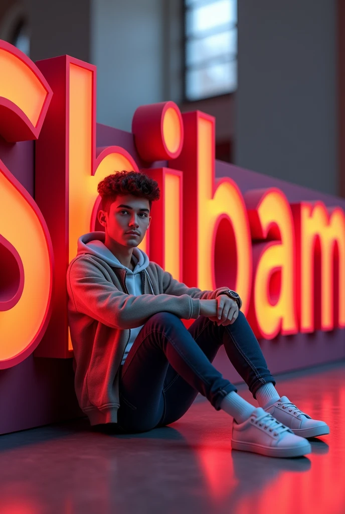 Create a 3d scene with smart graphic and beautiful boy sitting casually back on the shibam name in large 3d text red dress in trendy casual