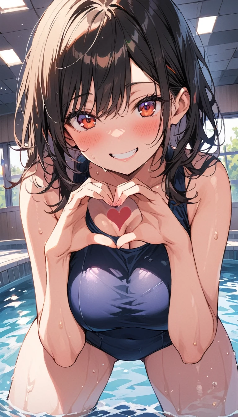 beauty smile Embarrassed blush Sweat Get wet School Swimsuit Big Breasts pubic hair Indoor swimming pool Heart Hands Photograph the whole body Shooting from below