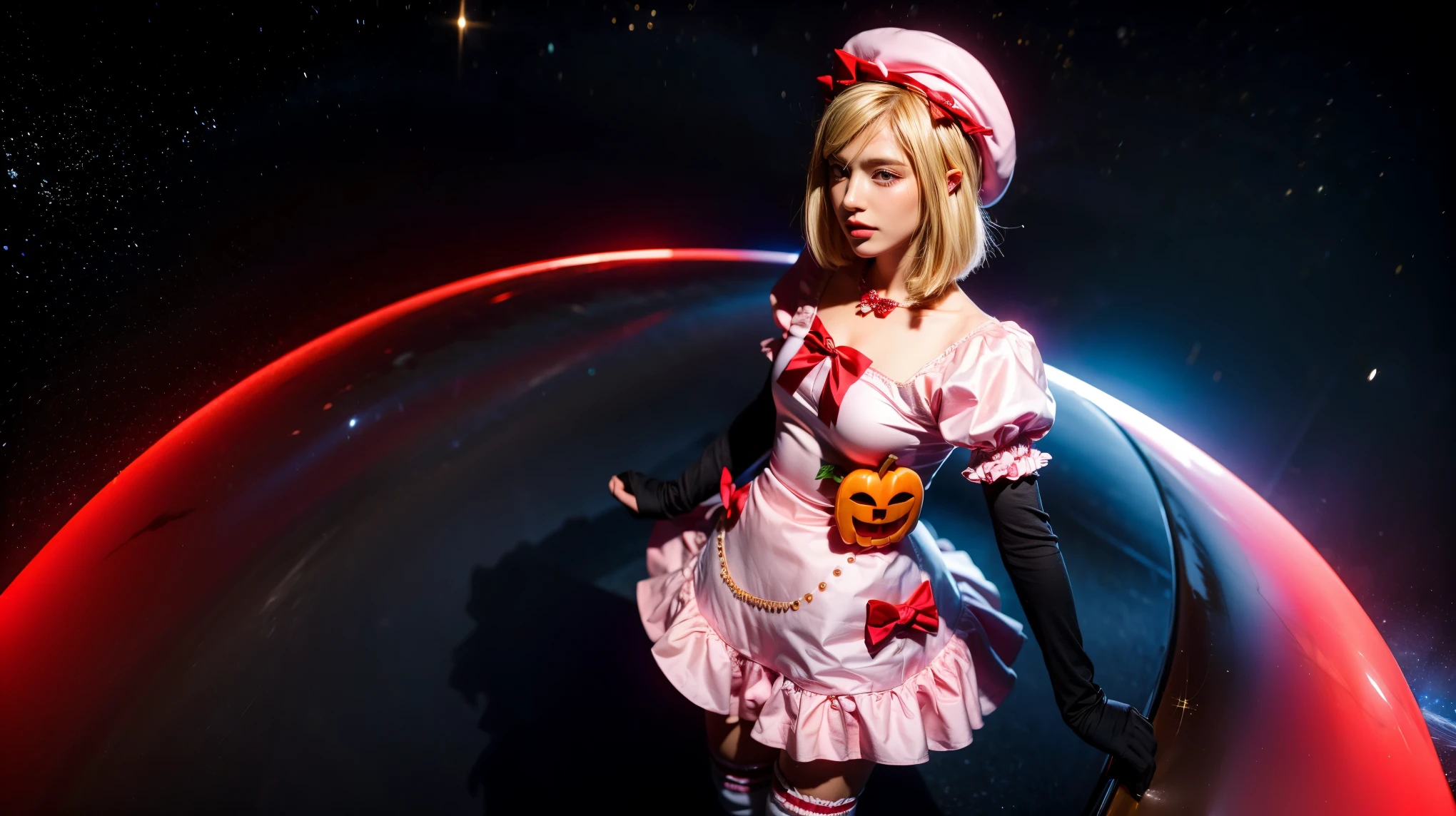 (1 lady), The beautiful, (Best quality at best:1.4), (ultra - detailed), (extremely detailed CG unified 16k), gold blonde hair, very detailed, High-definition RAW color photo, professional photoshooting, amazing face and eyes, cosmetics, (amazingly beautiful girl), ((lambdadelta, taller, tall woman)), ((dress, shoes bow, red shoes, striped stockings, red bow, pink hat, necklace, gloves, pearl, pumpkin brooch, pink dress)), levitating in a cute posture (floating in the air), (She's levitating in a cosmic sea, outer space:1.3, quantum hyperspace room lacking walls, hyperspace chamber, extremely detailed background, a lot of details background, realistic outer space background with stars quasars and cosmic bodies, brighter background), (look from above), realistic cinematic face, head to feet long wide zoomed out view, full body long view, photorealistic, ((realistic natural blonde hair style, red eyes)), gorgeous, extremely beautiful face, perfect model beauty, pout mouth, Highly Detailed Face and Skin Texture, Detailed Eyes, Double Eyelids, Small Breasts, Persistent Stare, Faith Trance, (mystical stare, looking eternity), (masterpiece), best quality, high resolution, depth of field, cinematic lighting, amazing legs, pink combat boots, clear and well-cared skin