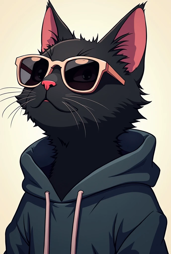 Anime-style illustration of a black cat in a hoodie wearing sunglasses