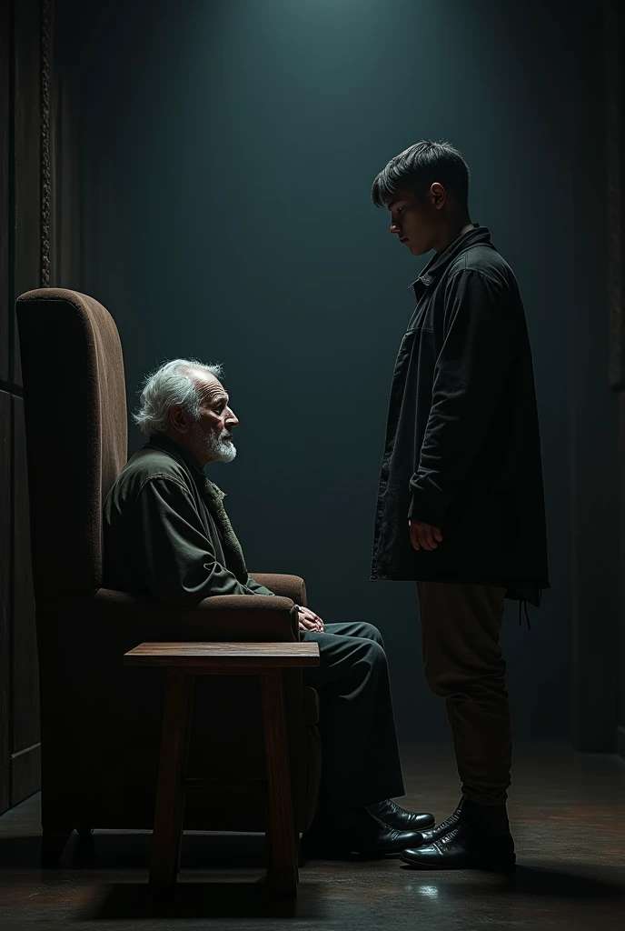 Old man us sitting in chair in dark room. A tablr is infront of him and a young man is also standing 