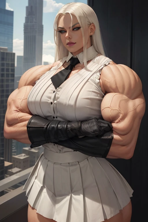 ((Close-up)), tall, (White hair) beautiful muscular woman, long straight hair, light brown skinned, closed smile, (black lipstick), (massive muscles), (hyper muscle), (ginormous bulky muscles), blue eyes, (((sleeveless white pleated shirt))), ((long black pleated skirt)), (crossed arms), (fingerless gloves), necktie, boots, on a skyscraper,