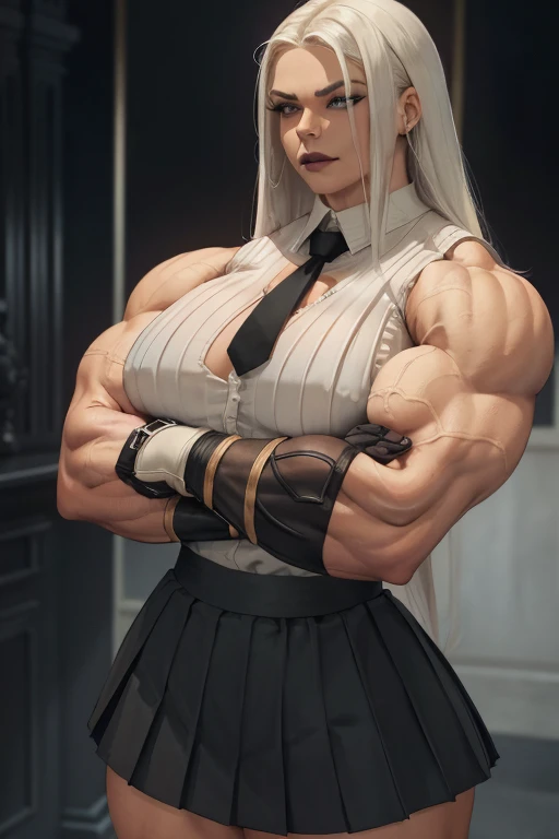 ((Close-up)), tall, (White hair) beautiful muscular woman, long straight hair, light brown skinned, closed smile, (black lipstick), (massive muscles), (hyper muscle), (ginormous bulky muscles), blue eyes, (((sleeveless white pleated shirt))), ((long black pleated skirt)), (crossed arms), (fingerless gloves), necktie, boots, on a skyscraper, 