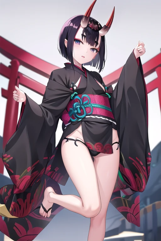 Girl with doll head, flat chest, black short hair，Demon horn，kimono，underwear，Bare Legs，barefoot，Standing，On the torii gate