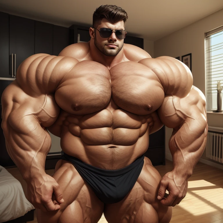 brutalmass, a very handsome young man, sunglasses, shirtless, exaggeratedly muscular body, exaggeratedly huge muscles, in an apartment