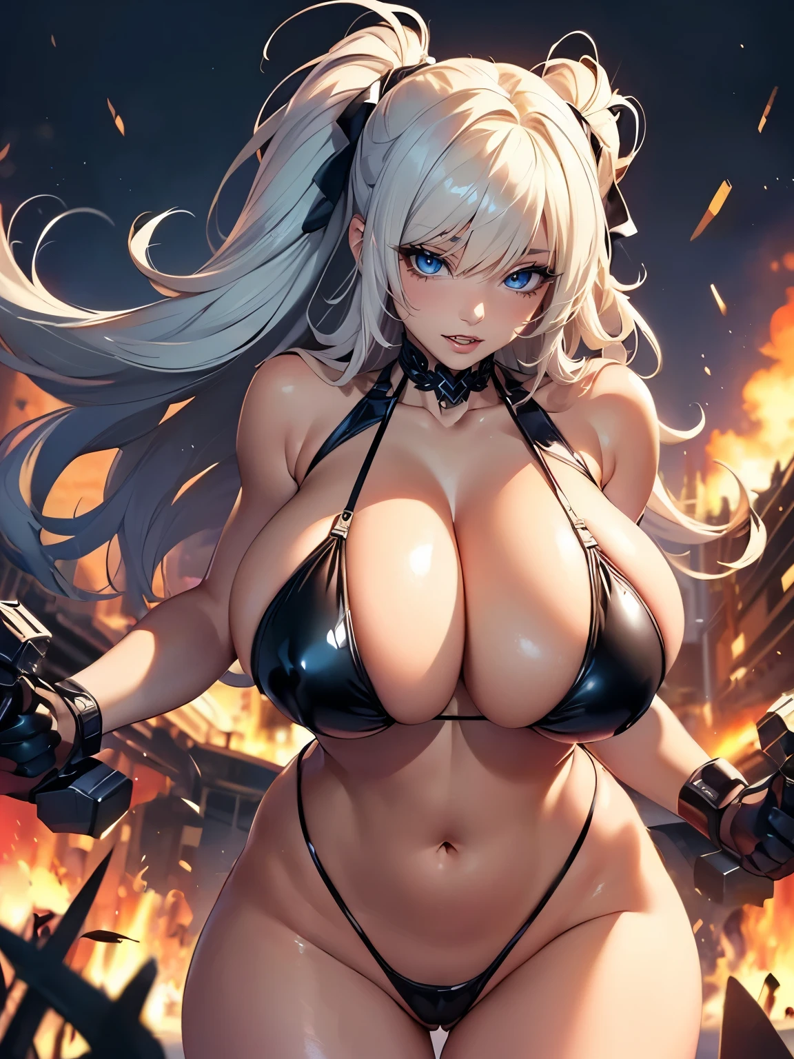 ((Seductive Anime Girl:1.2))、((Meticulously drawn hands:1.2))、Meticulously drawn hair, Meticulously drawn eye, Precise human body structure、((Combative posing:1.2)), ((armament:1.3))、((dynamism:1.3))、((dynamic angle:1.5))、((Being in battle field:1.2))、((latex micro bikini:1.3 crop top:1.3))、((sleeveless:1.5))、((crop top navel))、((highleg:1.3))、((huge breasts:1.3))、((huge hip:1.3))、((thick thighs))、curvy、((collarbone))、((cameltoe))、((Glossy realistic skin texture))、((shiny skin))、((Meticulously drawn hands:1.2))、perfect anatomy、masterpiece, ultra-detailliert, 8k, hiquality, Top image quality, Smooth texture、watercolor