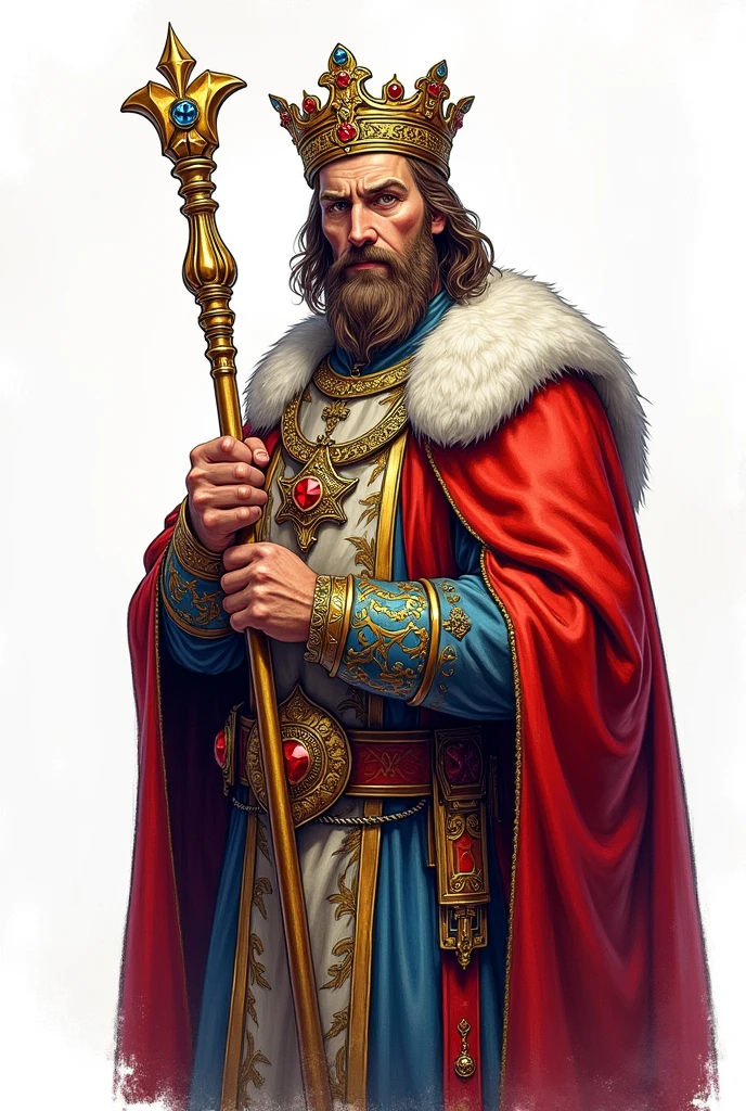 drawning, sharp colors, bust of a king holding a scepter, medieval style, BOARD PIECE, white background