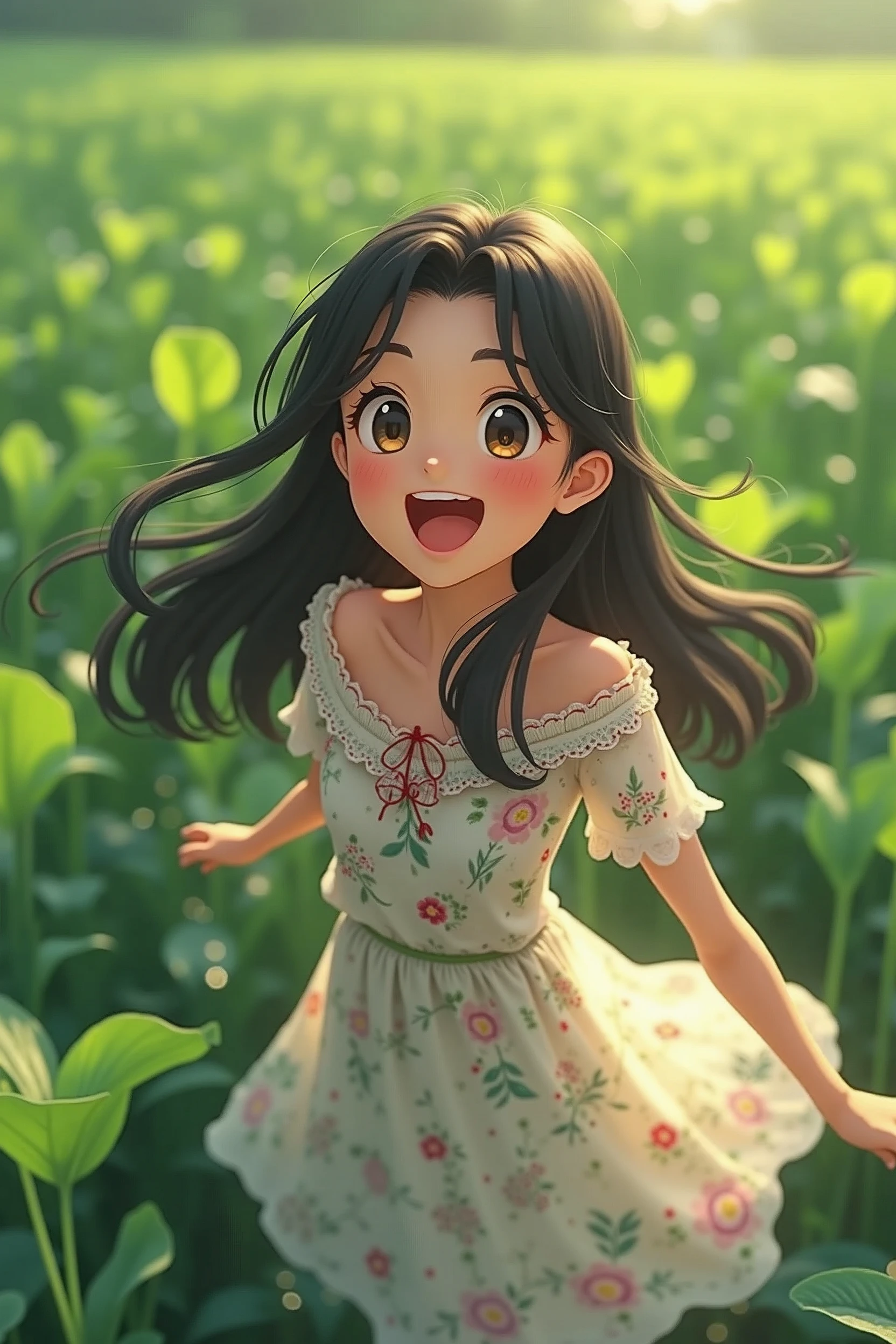 A 25-year-old girl,Black long hair,Wearing a white floral dress,Looking at the fields full of water spinach,Happy smile,Show your teeth,Anime style,Pixar style,Bird's eye view,
