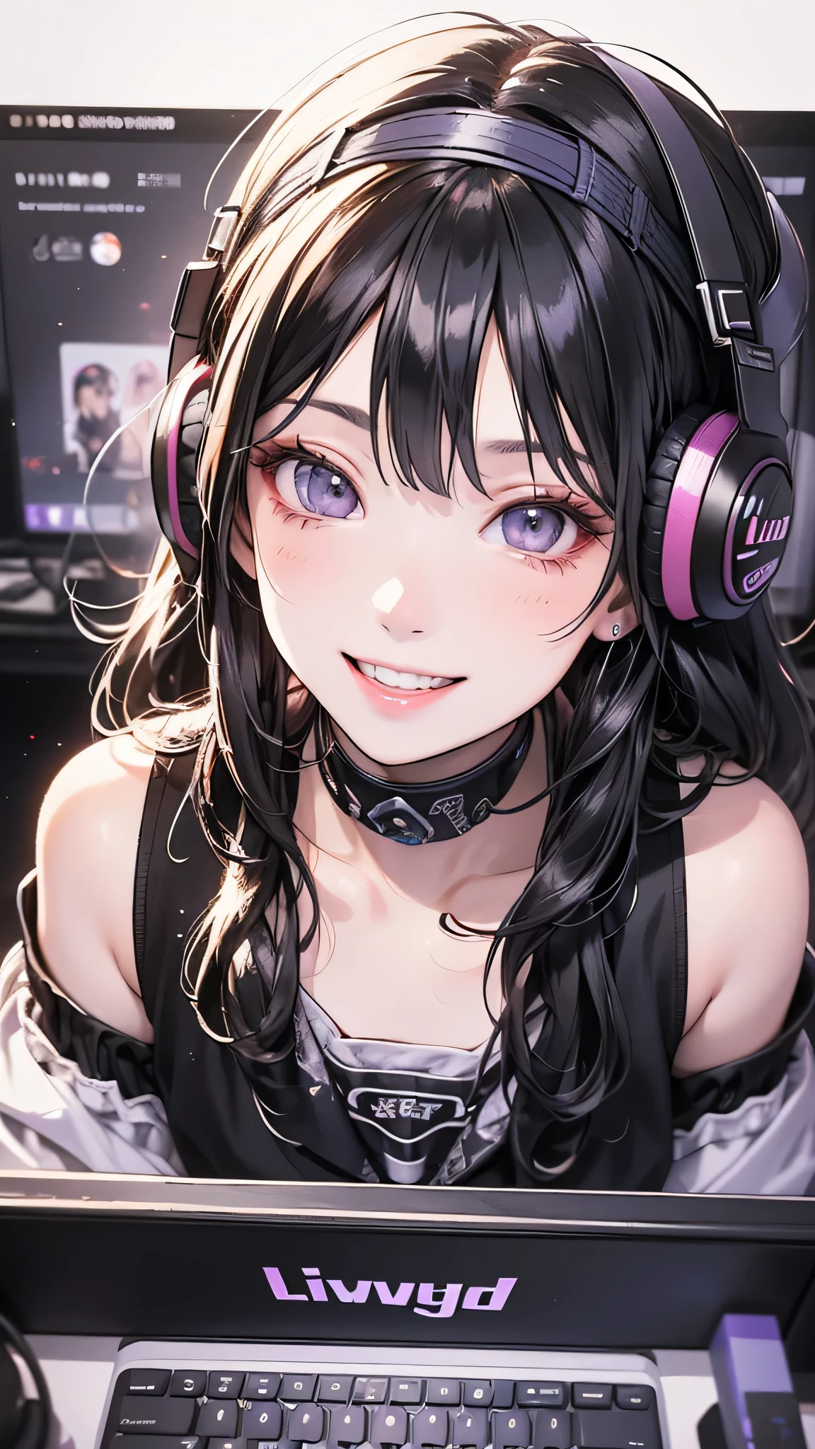 Woman sitting at desk, Twitch Streamer, Twitch Streamer/Gamer Ludwig, Be interviewed, An accurate portrait, Taking the lead with a smile, H3H3, With a happy expression, Precise Representation, In front of the computer, Trend Art, Shutterstock, Studio shot, Very expressive, Realistic Anime, Drawn,