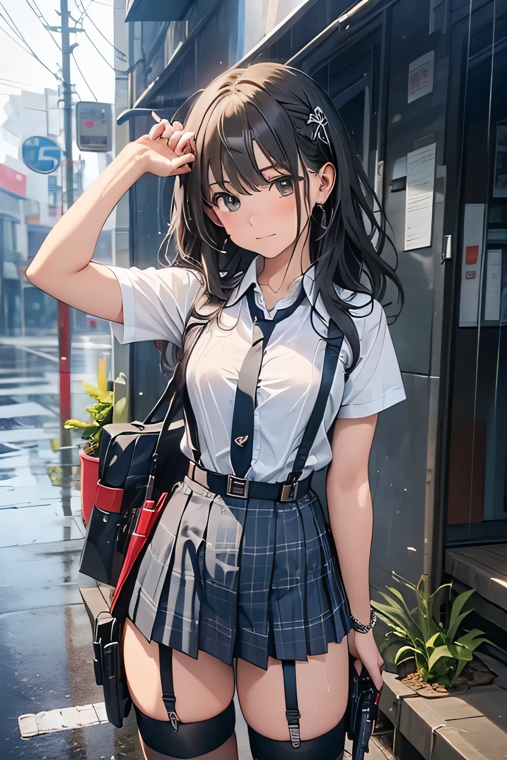 1 female, , high quality, masterpiece, Ultra-high resolution, Cinema Lighting, 1 female, , high quality, masterpiece, Ultra-high resolution, , Cinema Lighting, suspenders　　　Moderate breasts　 　 　　　　　 　　　　Small face　 　　　　　　　　　　　Looking up　　　　Sweat 　　　Thin belt　buzzer　脇Sweat 　　　　 　garter belt　　Belt on pants　　holster　 　　Hands behind your back　 　Looking up　Anxious face　Knee-high　Knee socks　Knee-highソックス 　garter　ふとももにgarter belt　Checkered mini skirt　 　　Panty shot　Skirt gap Armament　　　holster　holster 　　Hands behind your back　 Anxious expression　　Anxious face, legs apart　Armament　　Leg Holster　holster　See-through clothing　heavy rain　Rain-soaked dress shirt,Moderate breasts　ガーターbelt　suspenders　Garter on the thigh　Checkered mini skirt　Looking up　Pause　belt　Armpit sweat　Hands behind back　Raise your hands