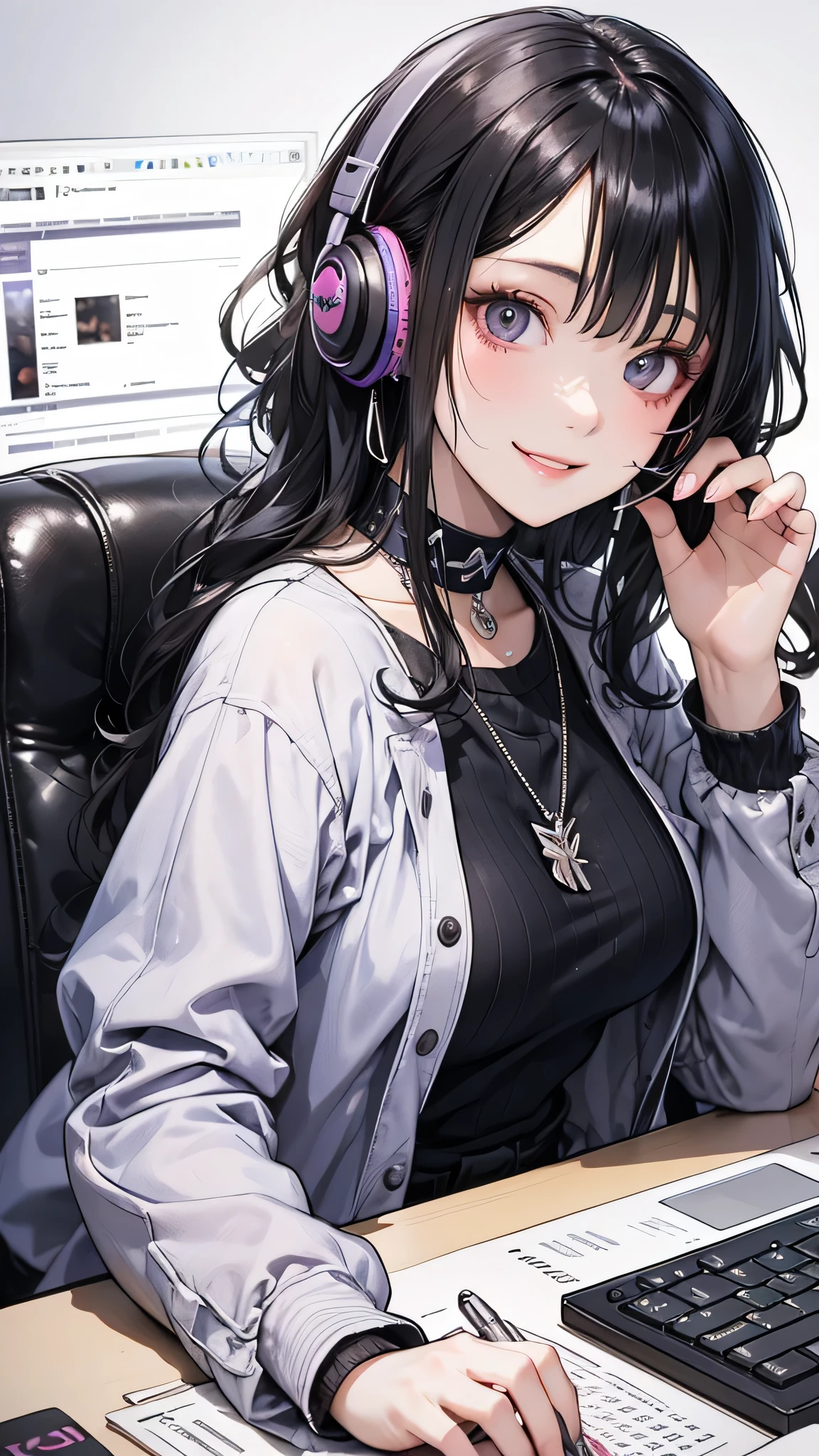 Woman sitting at desk, Twitch Streamer, Twitch Streamer/Gamer Ludwig, Be interviewed, An accurate portrait, Taking the lead with a smile, H3H3, With a happy expression, Precise Representation, In front of the computer, Trend Art, Shutterstock, Studio shot, Very expressive, Realistic Anime, Drawn,