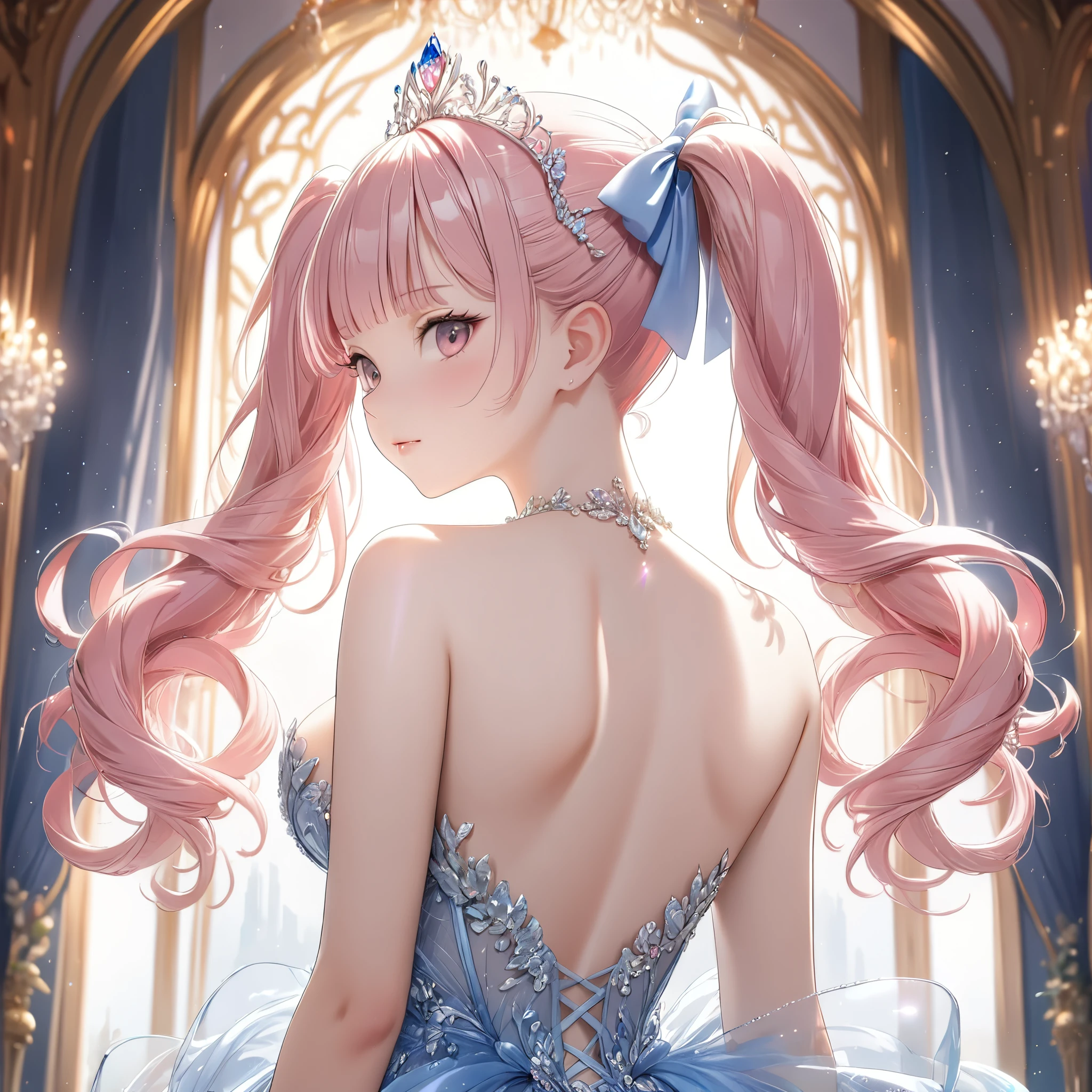 (8k, masutepiece, Best Quality, Official art, beautiful detailed, beautiful lighting, best masterpiece in history that exceeds limits), (1 Girl, solo), (sixteen years old), (beautiful detailed face), (shiny white skin), (Beautiful big bust, cleavage:1.2), (Beautiful detailed pink twintails hair, Bangs:1.3), (Beautiful Luxurious blue Princess Dresses, See-through intricate lace, cute bow ribbon, a lot of see-through frill, sheer chiffon material, silver thread, Diamond, pearl, corset), (Beautiful Luxurious Diamonds Tiara), breathtaking scenery, (Attractive, back), (Beautiful detailed back:1.3)