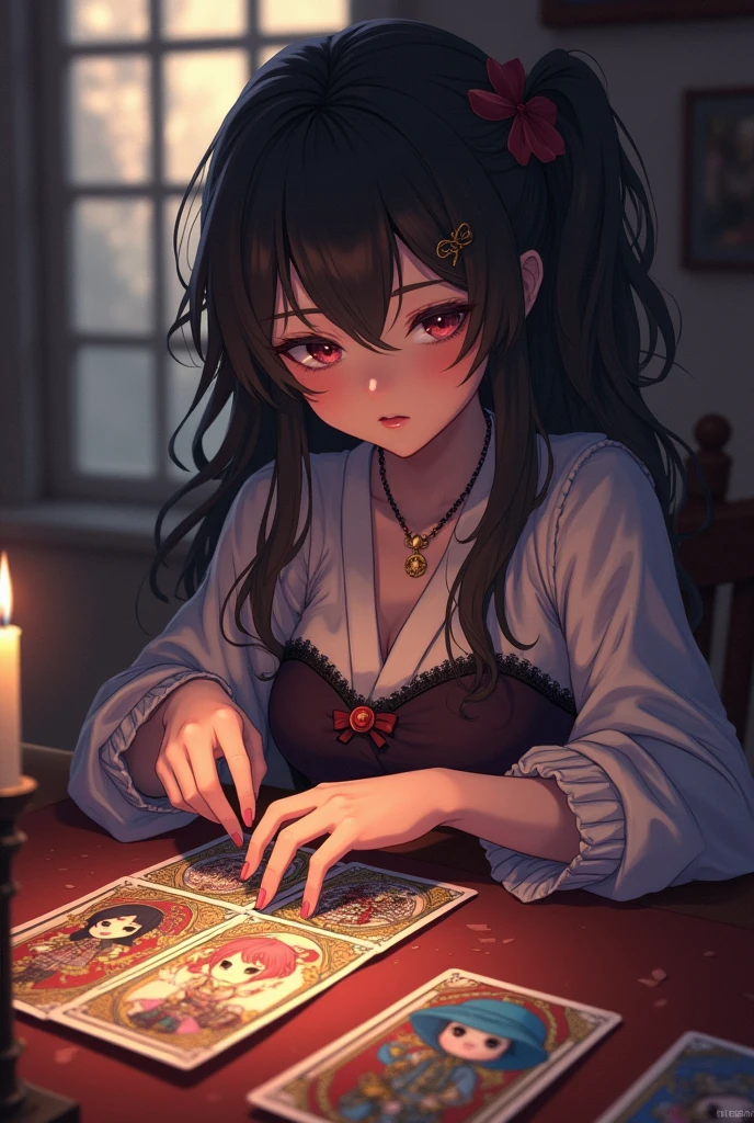 Beautiful cute anime girl, playing a card game with tarot cards:1.2, Le Papayou rules, (occult, mystical, esoteric, spiritual patterned cards), intricate details, dramatic lighting, chiaroscuro, moody, ornate ,Detailed Textures, Cinematic, Dramatic Shadows, Fantastic, Dreamy, Surreal, Vibrant Colors, (Best Quality, 4K, 8K, High Resolution, Masterpiece: 1.2), Super Detailed, (Realistic, Photorealistic, Photorealistic: 1.37), Japanese anime style
