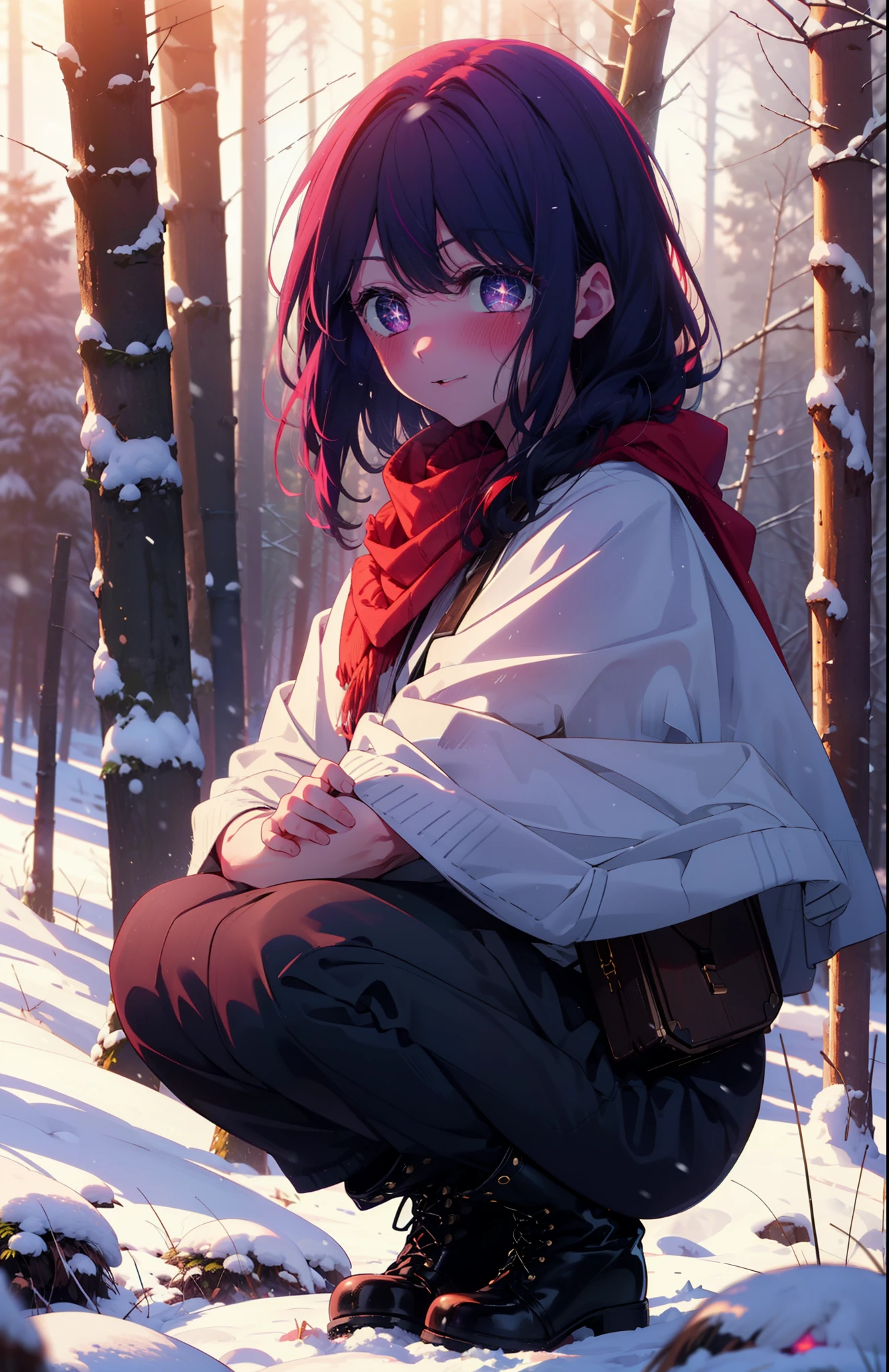 aihoshino, Ai Hoshino, Long Hair, bangs, (Purple eyes:1.1), Purple Hair, (Symbol-shaped pupil:1.5), smile,,smile,blush,white breath,
Open your mouth,snow,Ground bonfire, Outdoor, boots, snowing, From the side, wood, suitcase, Cape, Blurred, , forest, White handbag, nature, Squat, Mouth closed, Cape, winter, Written boundary depth, Black shoes, red Cape break looking at viewer, Upper Body, whole body, break Outdoor, forest, nature, break (masterpiece:1.2), Highest quality, High resolution, unity 8k wallpaper, (shape:0.8), (Beautiful and beautiful eyes:1.6), Highly detailed face, Perfect lighting, Highly detailed CG, (Perfect hands, Perfect Anatomy),