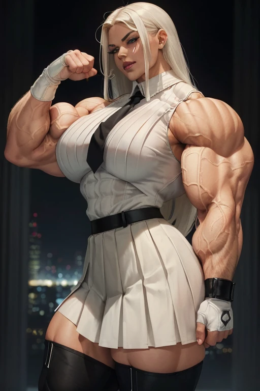 ((Close-up)), tall, (White hair) beautiful muscular woman, long straight hair, light brown skinned, closed smile, (black lipstick), (massive muscles), (hyper muscle), (ginormous bulky muscles), blue eyes, (((sleeveless white pleated shirt))), ((long black pleated skirt)), (flexing biceps), (fingerless gloves), necktie, boots, on a skyscraper,