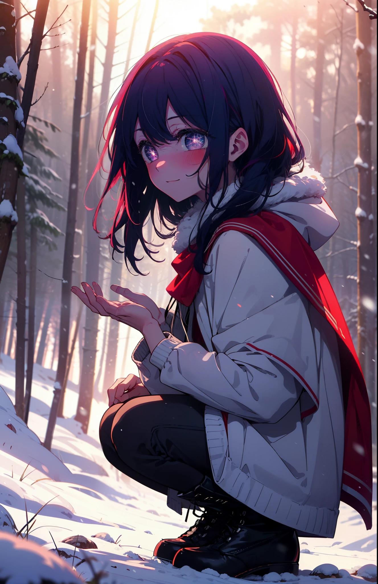 aihoshino, Ai Hoshino, Long Hair, bangs, (Purple eyes:1.1), Purple Hair, (Symbol-shaped pupil:1.5), smile,,smile,blush,white breath,
Open your mouth,snow,Ground bonfire, Outdoor, boots, snowing, From the side, wood, suitcase, Cape, Blurred, , forest, White handbag, nature,  Squat, Mouth closed, Cape, winter, Written boundary depth, Black shoes, red Cape break looking at viewer, Upper Body, whole body, break Outdoor, forest, nature, break (masterpiece:1.2), Highest quality, High resolution, unity 8k wallpaper, (shape:0.8), (Beautiful and beautiful eyes:1.6), Highly detailed face, Perfect lighting, Highly detailed CG, (Perfect hands, Perfect Anatomy),