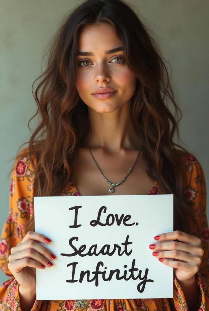 Beautiful girl with wavy long hair, bohemian dress, holding a white board with text "I Love Seaart Infinity" and showing it to the viewer