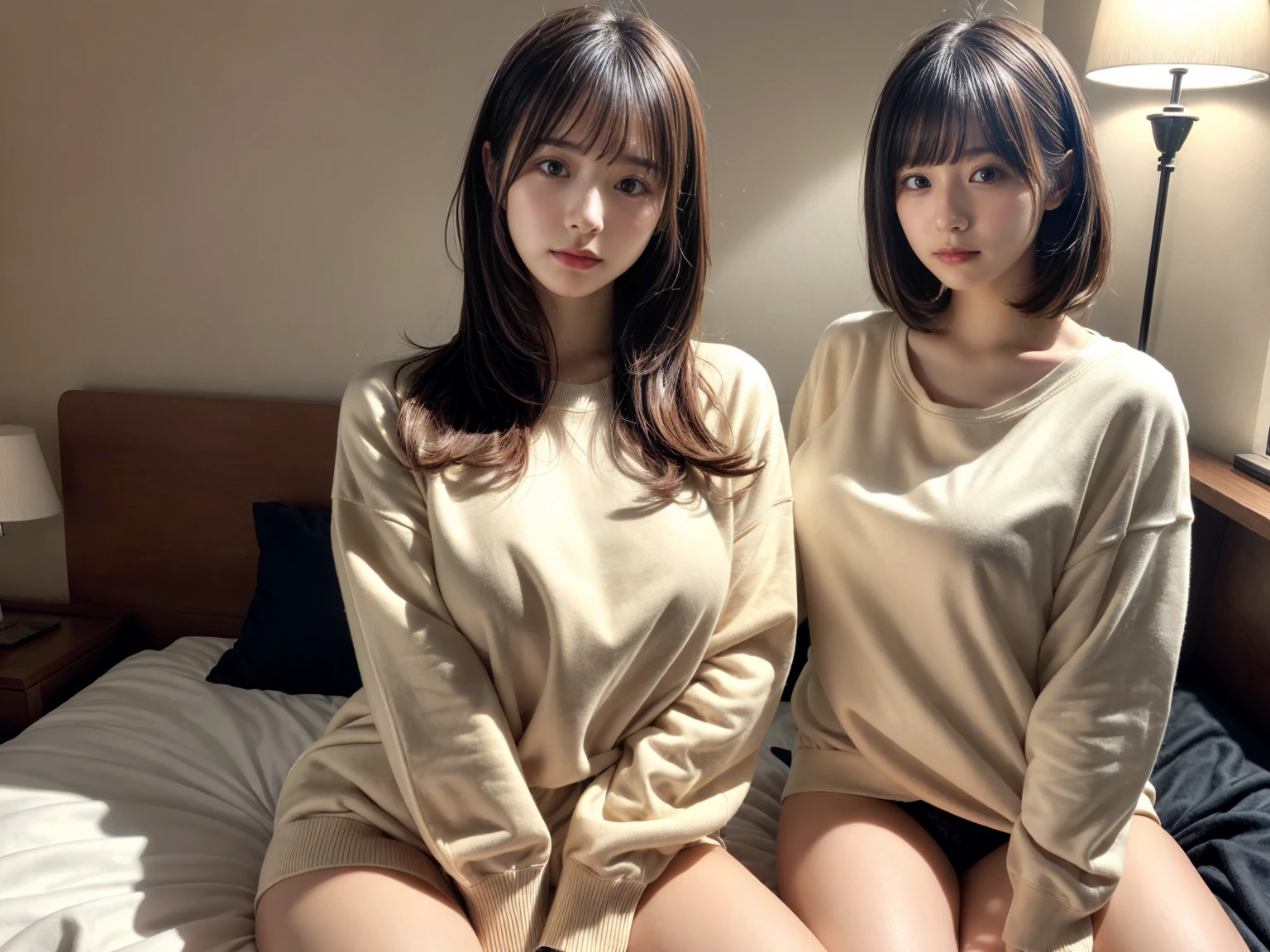 masterpiece, best quality, illustration, Super detailed, fine details, High resolution, 8K,wall paper, perfect dynamic composition,(Details High quality, realistic depiction of eyes:1.3), (2 girls), (Fashionable、Beige oversized sweatshirt、long-sleeve), large ,short bob hair, black hair color, Big Natural Color Lip, bold sexy po crying a little、Harajuku style、20 year old girl、cute type、lolita、bea legs, hotel room, hposing Gravure Idol, woman on top, straddling, sitting)