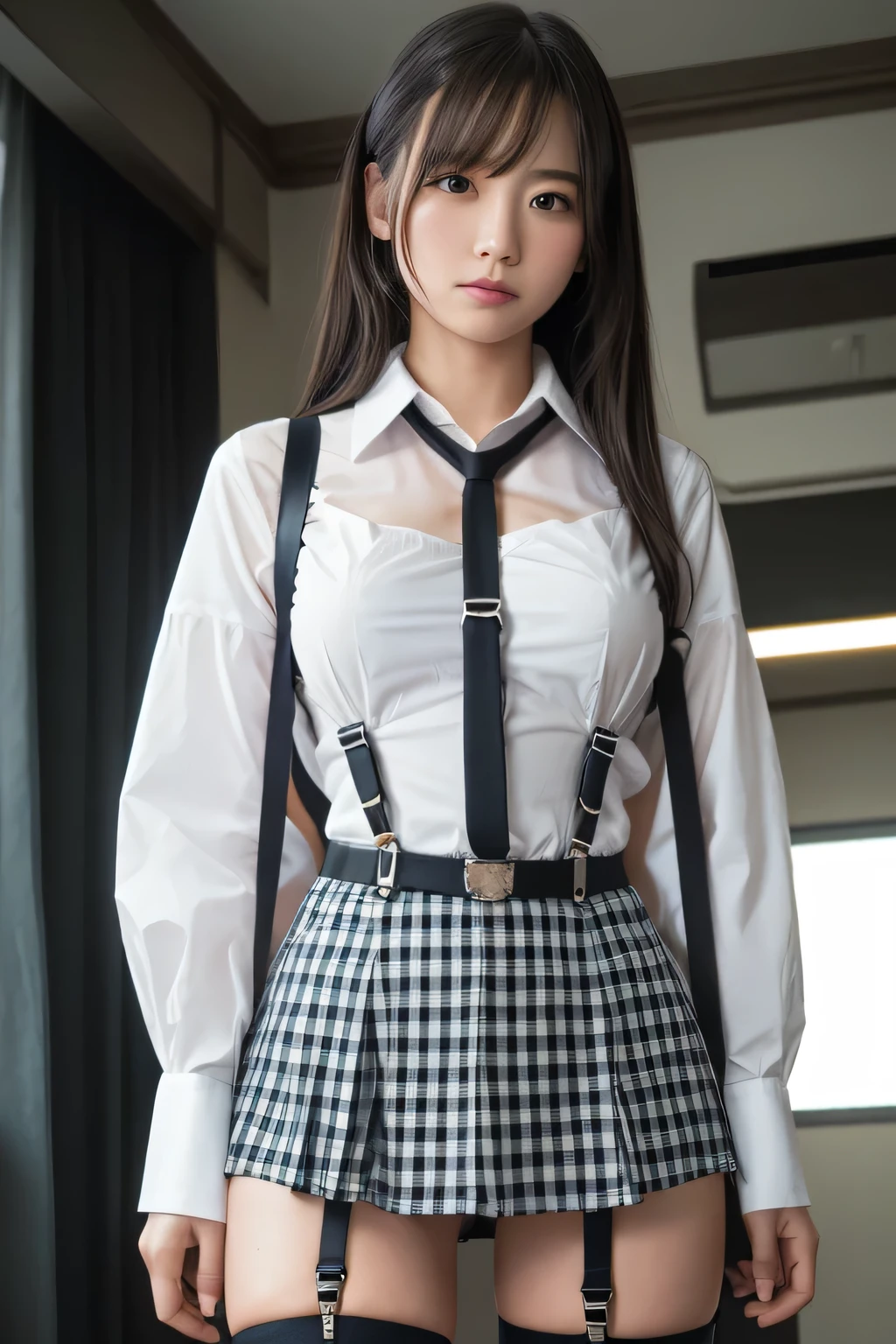 1 female, , high quality, masterpiece, Ultra-high resolution, Cinema Lighting, 1 female, , high quality, masterpiece, Ultra-high resolution, , Cinema Lighting, suspenders　　　Moderate breasts　 　 　　　　　 　　　　Small face　 　　　　　　　　　　　Looking up　　　　Sweat 　　　Thin belt　buzzer　脇Sweat 　　　　 　garter belt　　Belt on pants　　holster　 　　Hands behind your back　 　Looking up　Anxious face　Knee-high　Knee socks　Knee-highソックス 　garter　ふとももにgarter belt　Checkered mini skirt　 　　Panty shot　Skirt gap Armament　　　holster　holster 　　Hands behind your back　 Anxious expression　　Anxious face, legs apart　Armament　　Leg Holster　holster　See-through clothing　heavy rain　Rain-soaked dress shirt,Moderate breasts　ガーターbelt　suspenders　Garter on the thigh　Checkered mini skirt　Looking up　Pause　belt　Armpit sweat　Hands behind back　Raise your hands