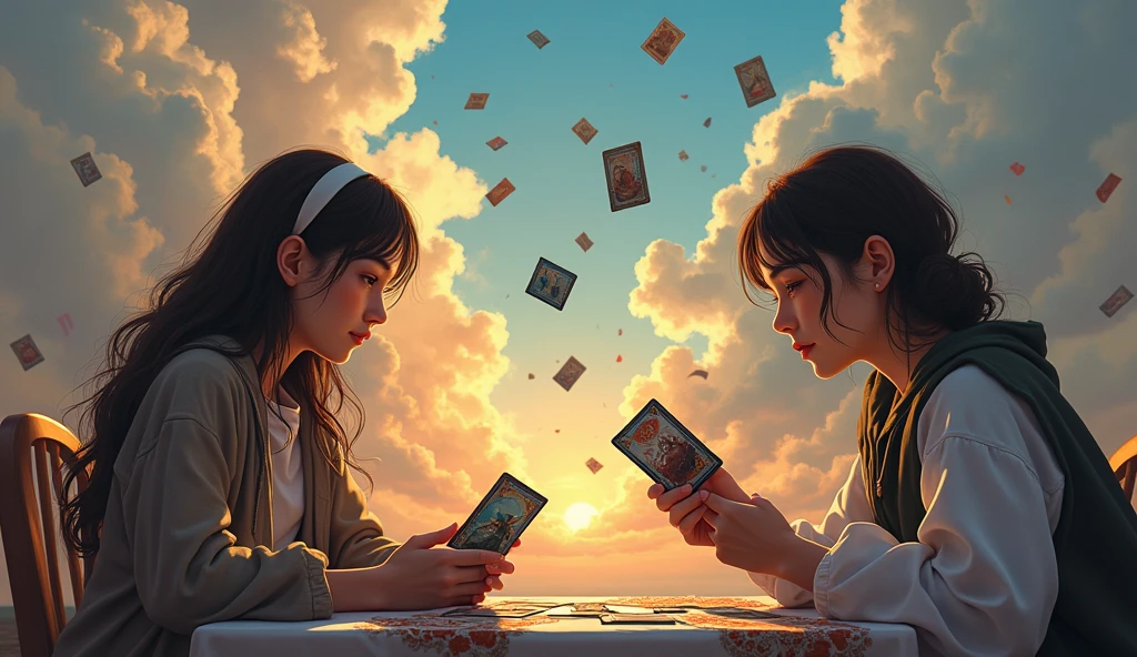 (RAW photo, realistic photo, high quality, masterpiece, photo shot by camera), two girls play magic cards game on table, they summon two mages, (two mages fight in sky:1.9), many magic cards flying in sky, magic cards have comics on them, magic cards holding in all hands