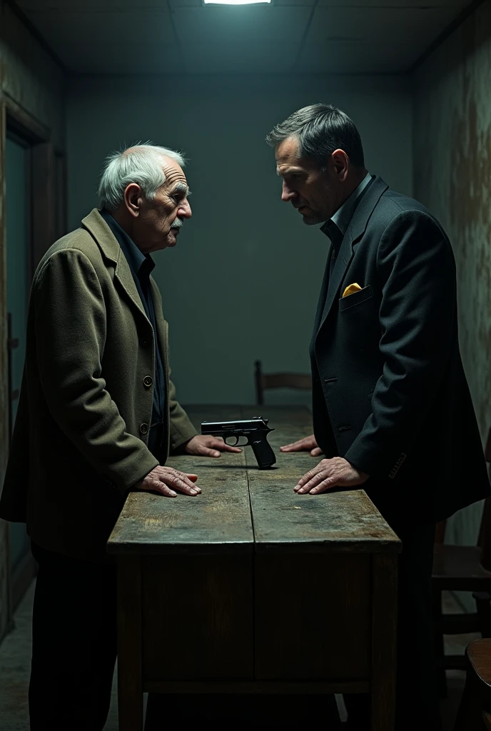 Old man us sitting in chair in dark room. A tablr is infront of him and a young man puts a pistol on table