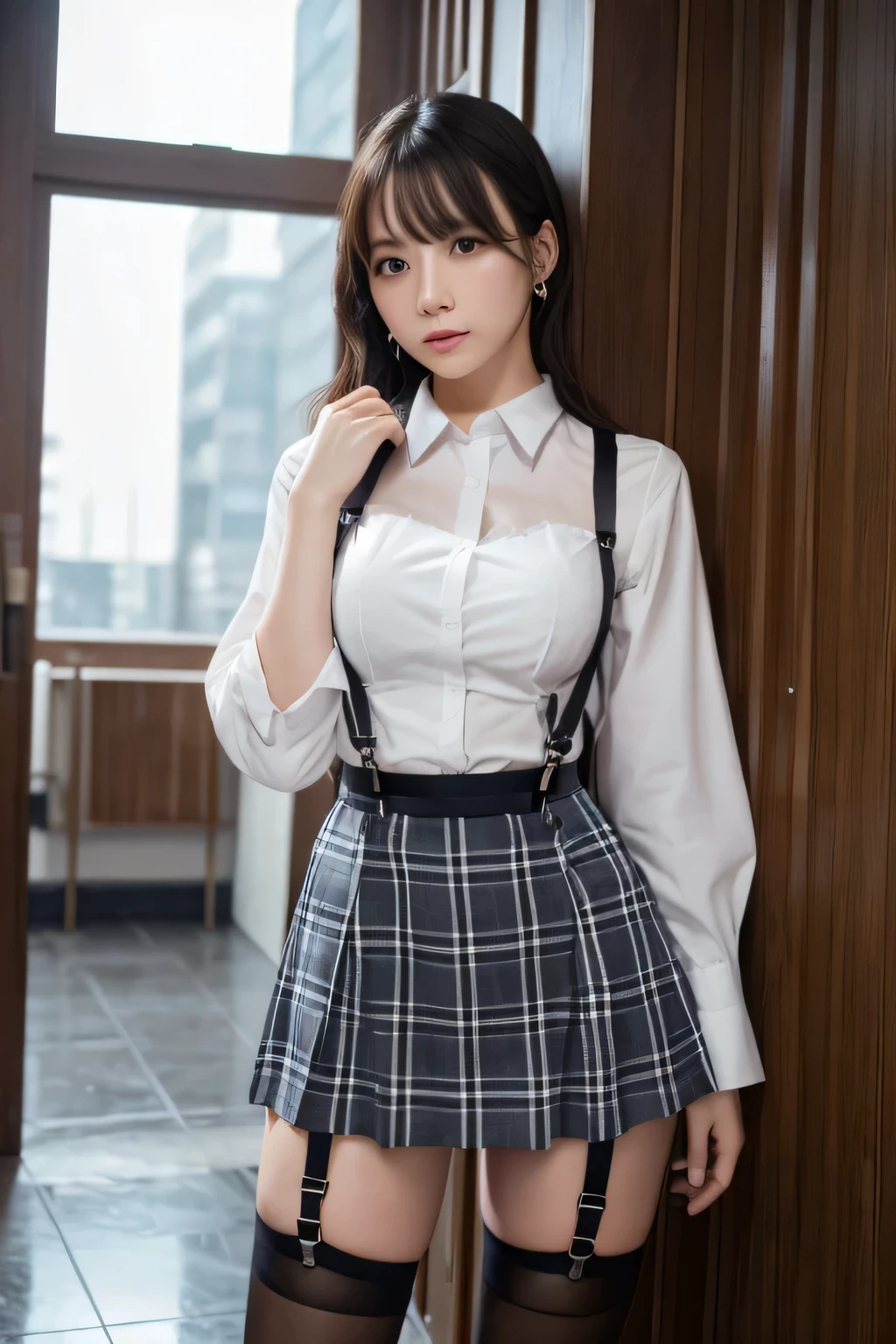 1 female, , high quality, masterpiece, Ultra-high resolution, Cinema Lighting, 1 female, , high quality, masterpiece, Ultra-high resolution, , Cinema Lighting, suspenders　　　Moderate breasts　 　 　　　　　 　　　　Small face　 　　　　　　　　　　　Looking up　　　　Sweat 　　　Thin belt　buzzer　脇Sweat 　　　　 　garter belt　　Belt on pants　　holster　 　　Hands behind your back　 　Looking up　Anxious face　Knee-high　Knee socks　Knee-highソックス 　garter　ふとももにgarter belt　Checkered mini skirt　 　　Panty shot　Skirt gap Armament　　　holster　holster 　　Hands behind your back　 Anxious expression　　Anxious face, legs apart　Armament　　Leg Holster　holster　See-through clothing　heavy rain　Rain-soaked dress shirt,Moderate breasts　ガーターbelt　suspenders　Garter on the thigh　Checkered mini skirt　Looking up　Pause　belt　Armpit sweat　Hands behind back　Raise your hands