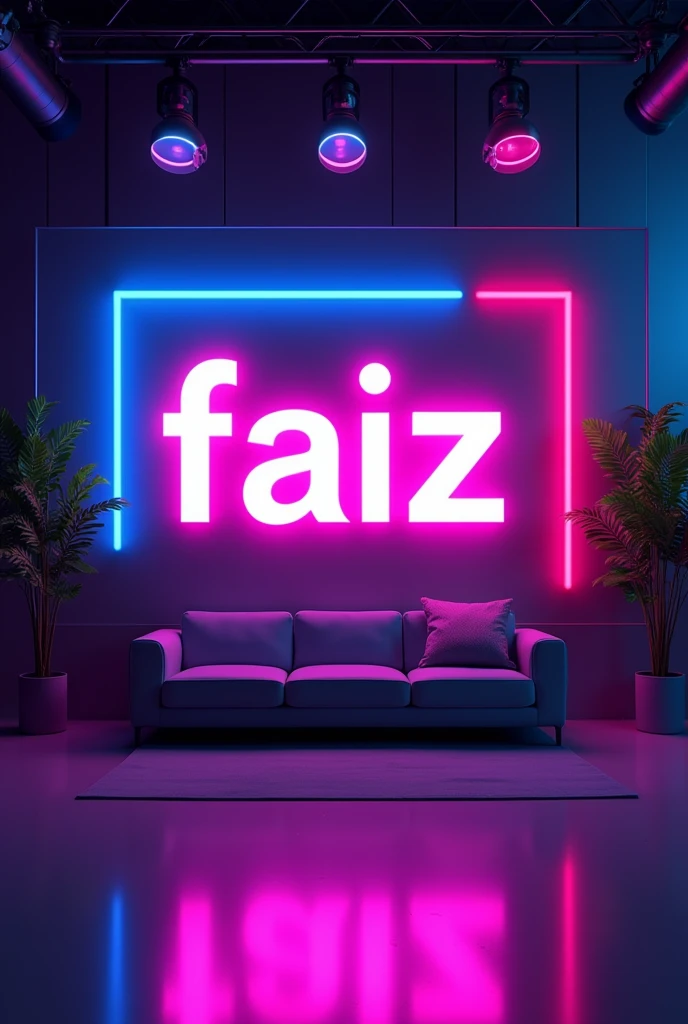 Create a YouTube studio background images with a modern and sleek design.In the center of the background display the name 'faiz' in bright neon lights with correct spelling.The neon lights should be in a vibrant color such as electric blue or neon pink.Surround the neon text with subtle complementary lighting and decor that enhances the studio aesthetic.The overall ambiance should be stylish professional and inviting perfect for a YouTube content creator's studio.