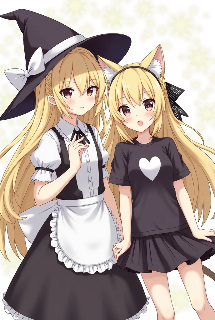 With an anime-like pattern、She has long blonde hair with a braid on the right side、Hair down except for the right side。The hat is like a wizard&#39;s hat with a nightcap inside.。The hat has a white ribbon。Clothes、In black and white clothes、There is a white apron-like thing on the skirt.。The other one is、Dull yellow long hair、It has a black mesh。I have cat ears。He is wearing a black T-shirt with a white heart pattern.。The skirt is black like a uniform.。