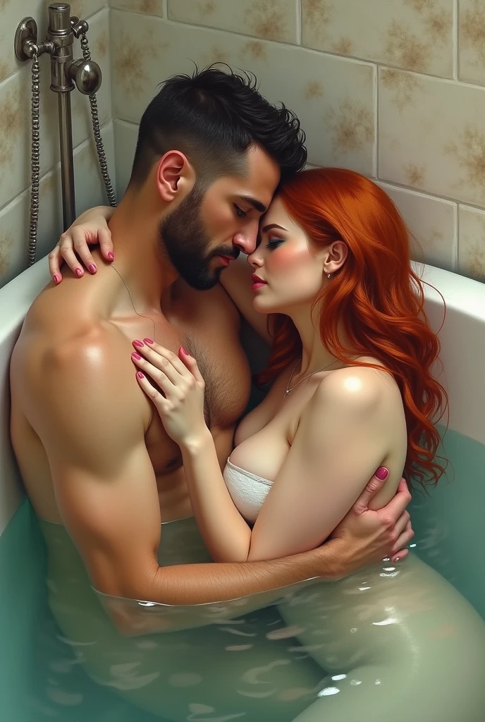 Claude Monet painting style, make me a painting of a man, Without beard, white and blue eyes,, muscular and a red-haired woman with green eyes, curvy, in the bathtub hugging each other, nudes.