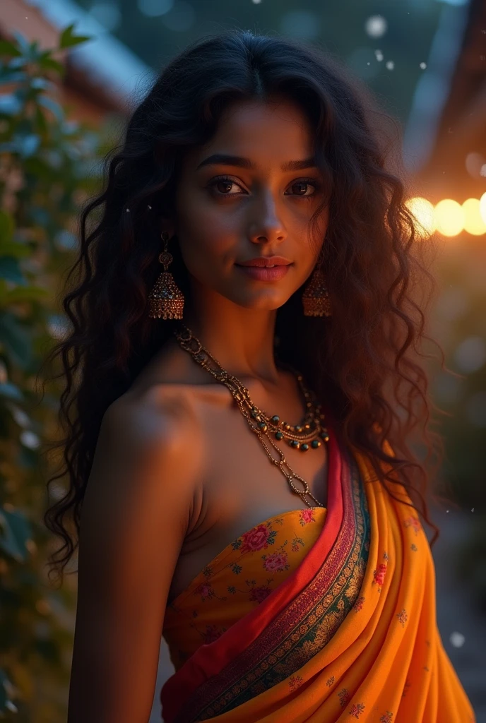 Young Indian woman, topless saree, strapless, garden, night, detailed body, detailed face, ultra realistic, charming, cute, big hazel eyes with long curly hair, perfect fingers, ambient lighting, winter, detailed background, 8k