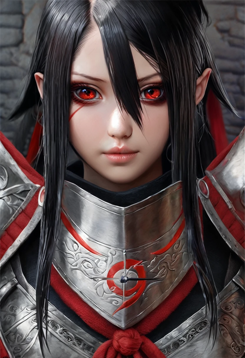 Itachi Ichiha, Itachi, in the style of realism, armor, knives, long black hair ponytail, in armor medieval, knives и кровь на полу, sharingan, photorealism, digital art, itachi, ichiha, замок