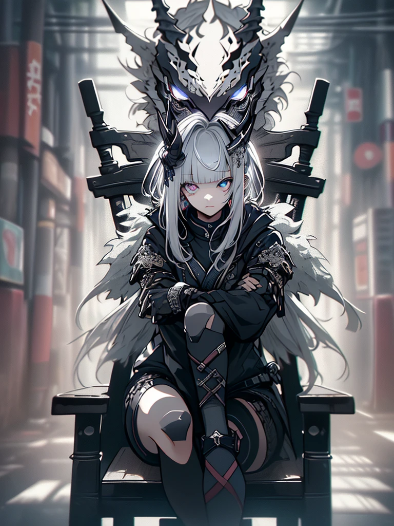 Japanese sword、Samurai sword、whole body、Sit on a chair, Crossing your legs、White one-piece military uniform、See others、Blunt bangs、 Knee-high socks,Blunt bangs, Silvery white hair,(Tabletop:1.2, Highest quality), (Beautiful, detailed eyes: 1.2), (Detailed Background,Dark fantasy), (Beautifully detailed face), High Contrast, (Best lighting, Very delicate and beautiful), ((Cinematic Light)), colorful, Hyper Detail, Dramatic Light, Intricate details,Very blue eyes, Shining Eyes, Long hair blowing in the wind