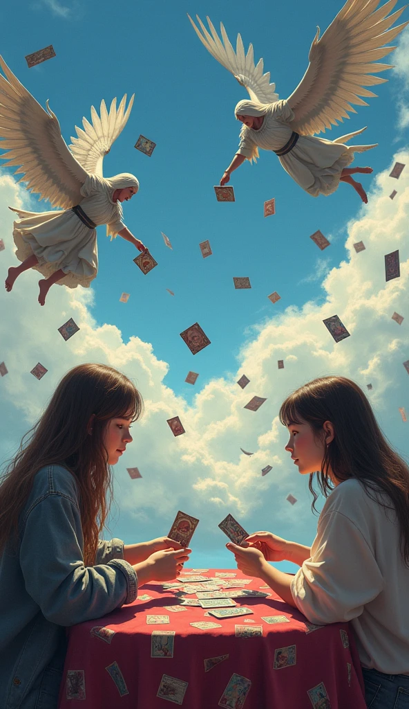 (RAW photo, realistic photo, high quality, masterpiece, photo shot by camera), two girls play magic cards game on table, they summon two mages, (two mages fight in sky:1.9), many magic cards flying in sky, magic cards have comics on them, magic cards holding in all hands