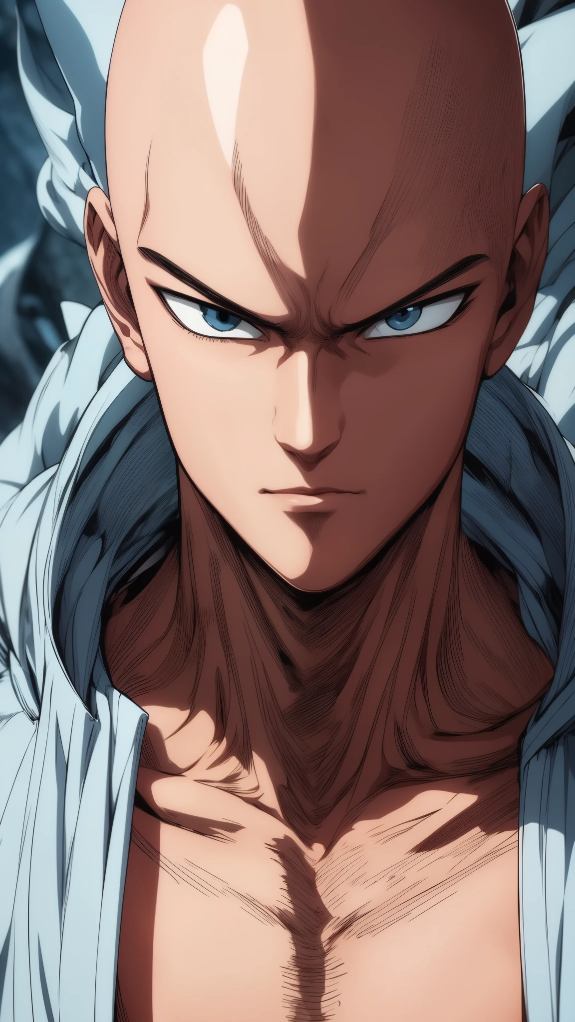 Hot avatar, masterpiece, extremely accurate rendering, Saitama the cold creature, the destroyer of worlds, simple design, best visuals, 8K, light blue eyes. drawn in one piece style.