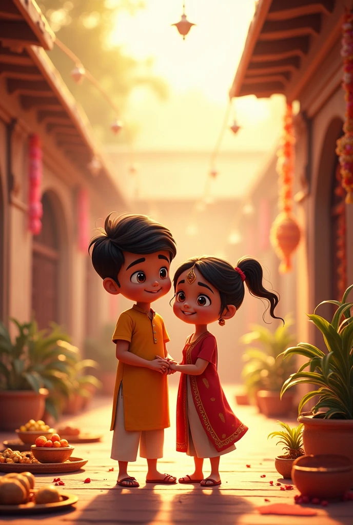 Sun rays emerging, decoration in the courtyard of the house, Rakhi plate and brother sister, Raksha Bandhan text should be written somewhere in the background