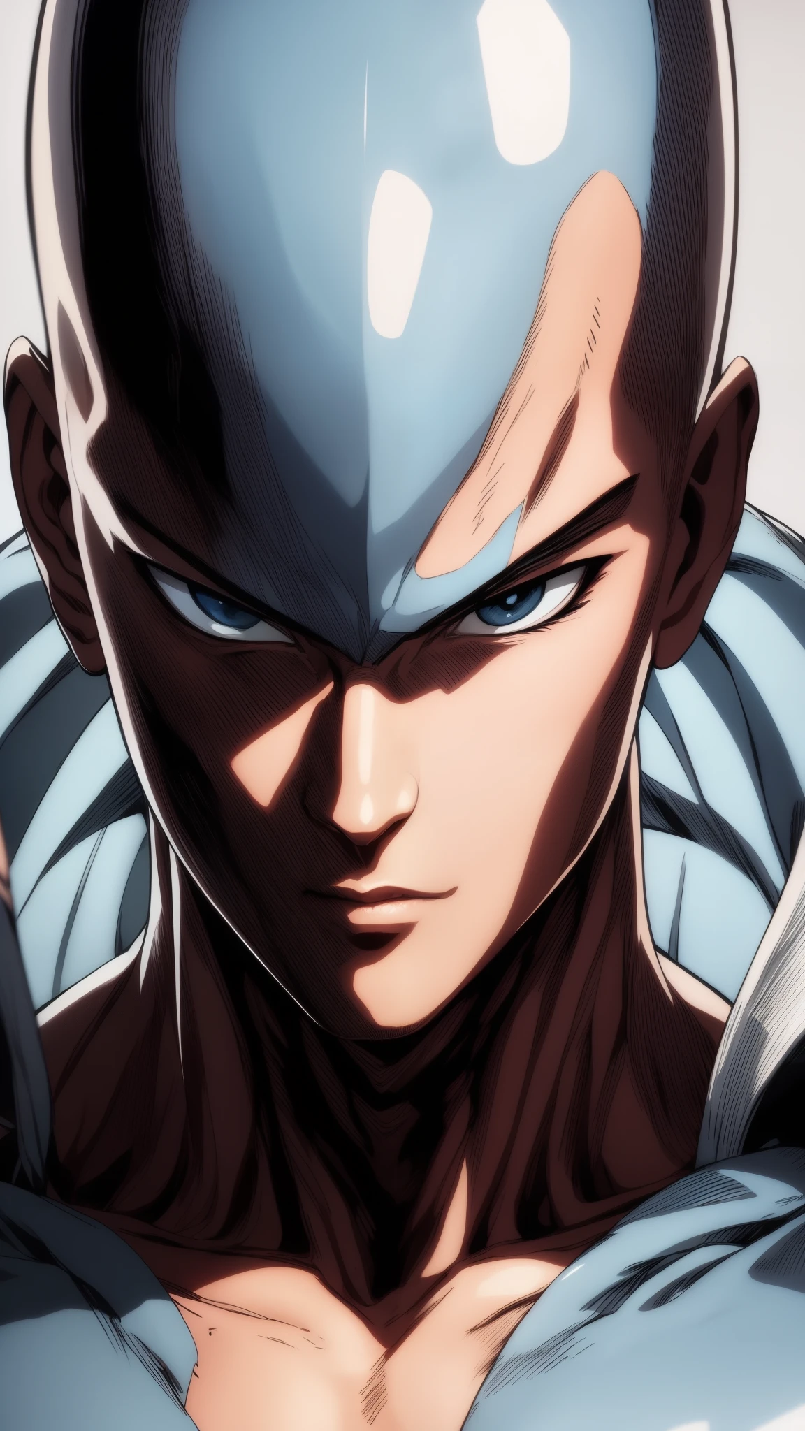 Hot avatar, masterpiece, extremely accurate rendering, Saitama the cold creature, the destroyer of worlds, simple design, best visuals, 8K, light blue eyes. drawn in one piece style.