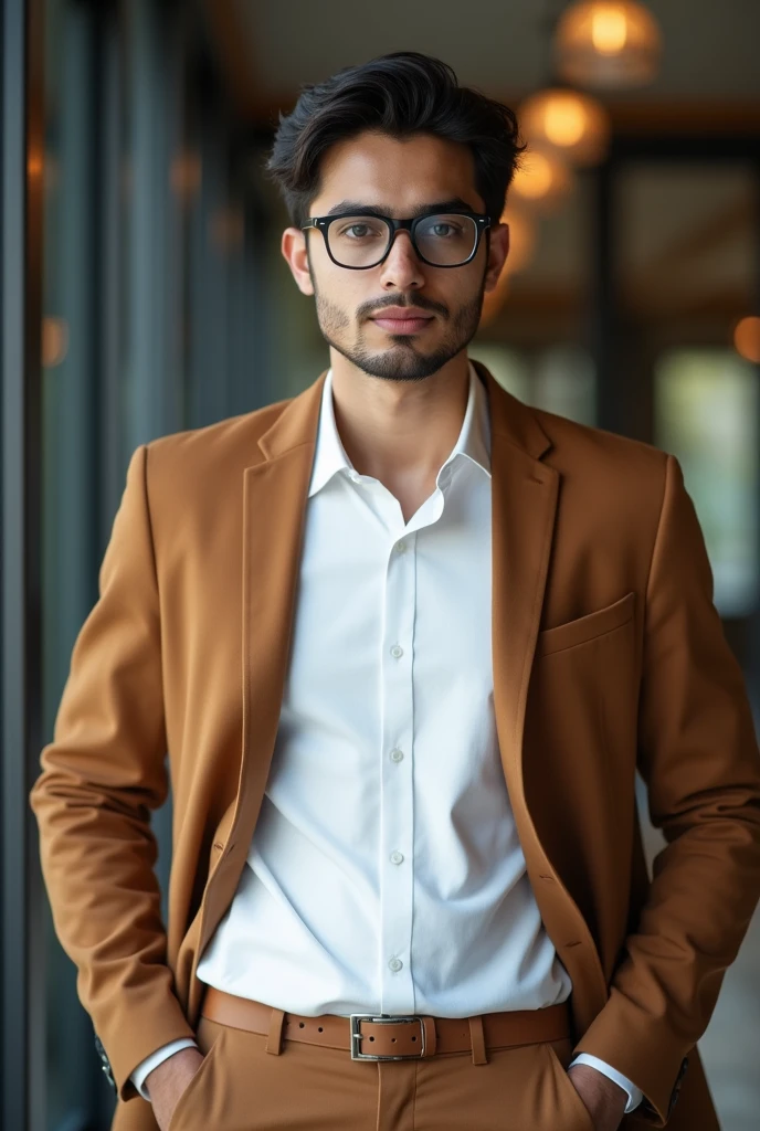 20 years old asian Pakistani guy in glasses with clean shaved in formal pant shirt. His coat is in brown color. Picture is focused on face