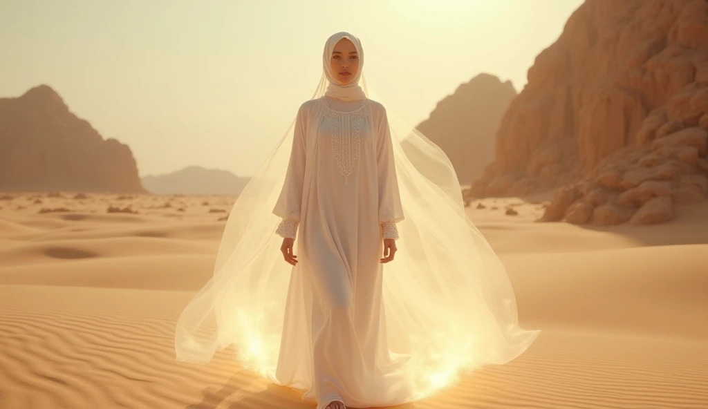 A beautiful woman in a white hijab walking through a vast desert, with her entire body surrounded by a soft, glowing white aura. The scene should be highly detailed and realistic, with dramatic lighting and a cinematic feel. Ensure the image is rendered in hyper detail, 8k resolution, ultra sharp, and UHD quality to capture the ethereal and mysterious atmosphere.
