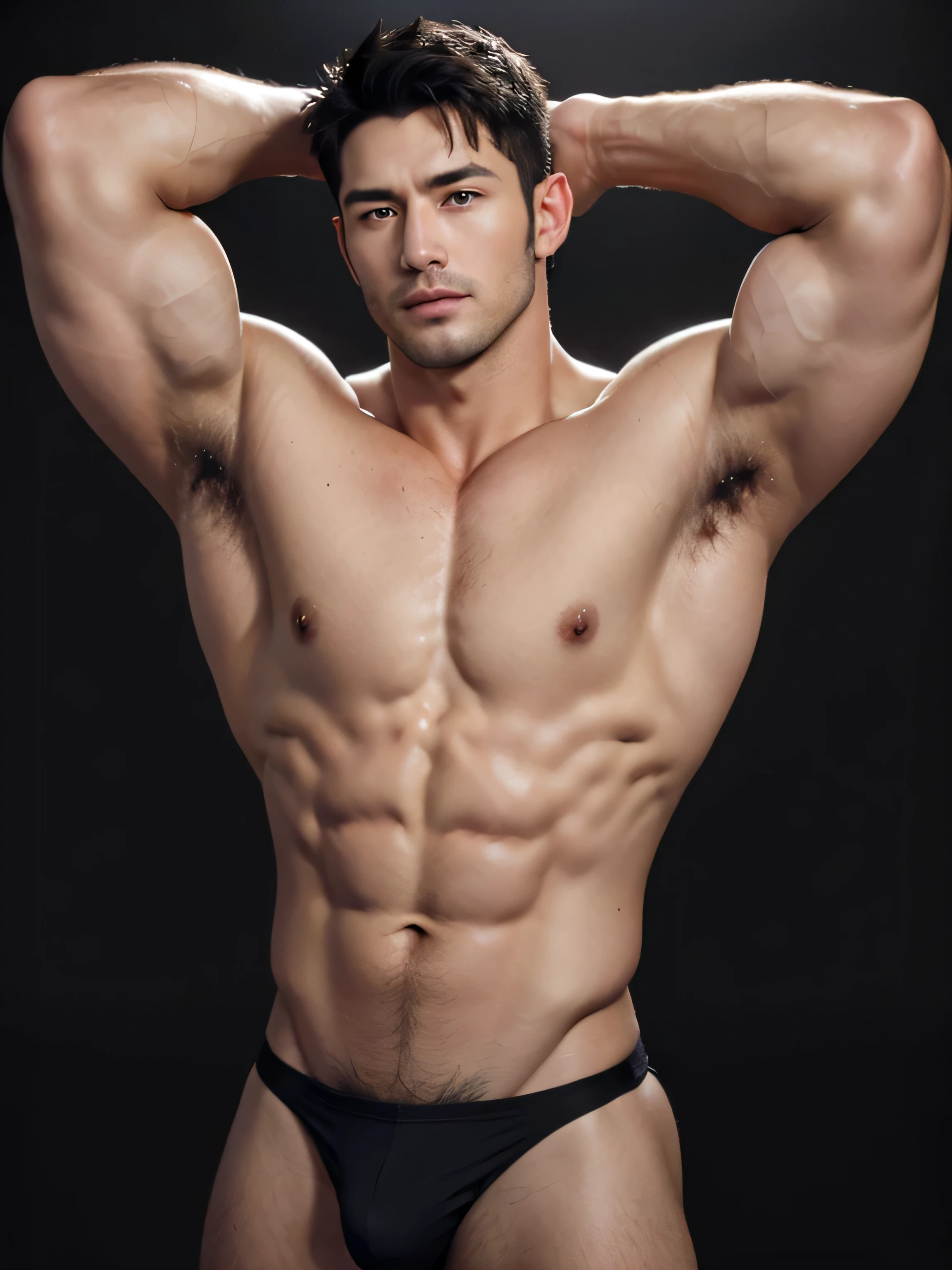 (((short hair))),Short hair,one(((40 years old handsome muscular bodybuilder with stubble))), very handsome, Perfect facial features, No clothes, Armpit Hair, Pure black background, Fit body, Perfect composition, beard,Bodybuilding Champion,No chest hair,Smooth pectoralis major,(((Thong))),, Provocative, natural color,muscular,, Ultra-high quality, XT3, Crystal clear, 8千 ultra high definition, High Detail, Ultra-realistic photos, (Realistic skin), ((pores)), ((High Detail skin)), Volumetric Light, groin, Far, Complex 3D Visualization, High Detail,Real human skin ((Correct body structure)), (((Correct anatomy))),(((Forced noise reduction)))