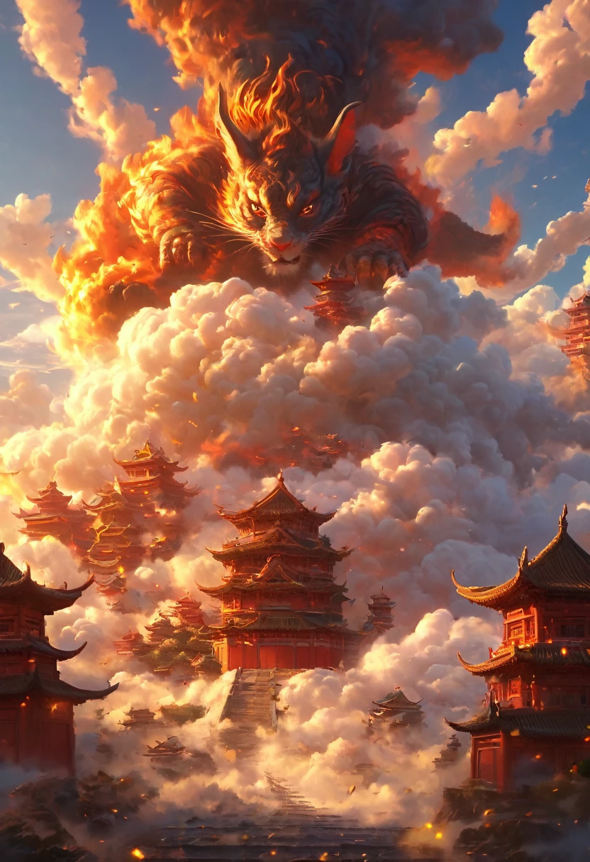 Dans un monde imaginaire, dans une architecture traditionnelle chinoise, souris de feu, nuages, soleil, ciel, montagnes, éclairs, (Qualité supérieure, 4k, haute résolution, chef-d'œuvre : 1.2), extrêmement détaillé, (Réalisme : 1.37), couleurs vives, effets flous, lumières vives.
